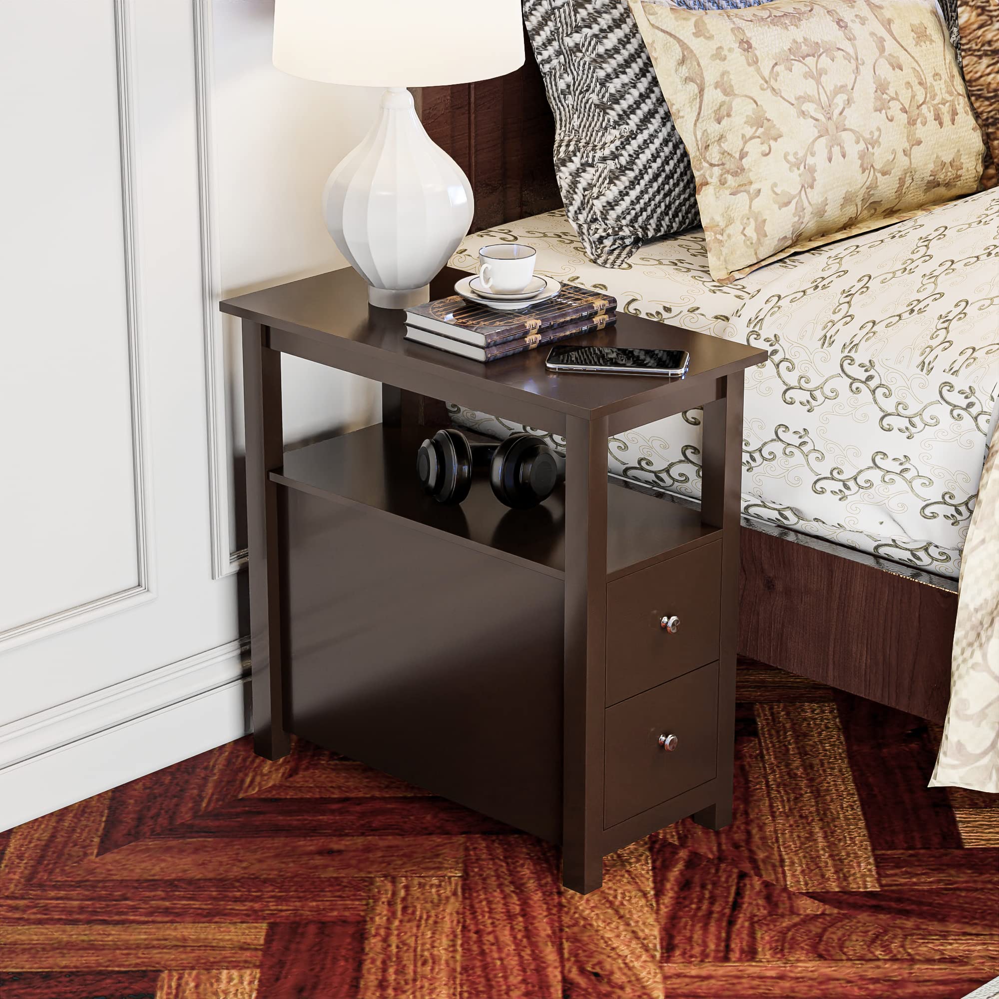 ZENY 2-Piece Narrow Side Table Set with Storage Shelf & Drawers - Small End Table for Bedroom, Living Room, Kitchen - Espresso Wood Finish - Perfect for Compact Spaces, Nightstands, Sofa Side Tables & Home Organization