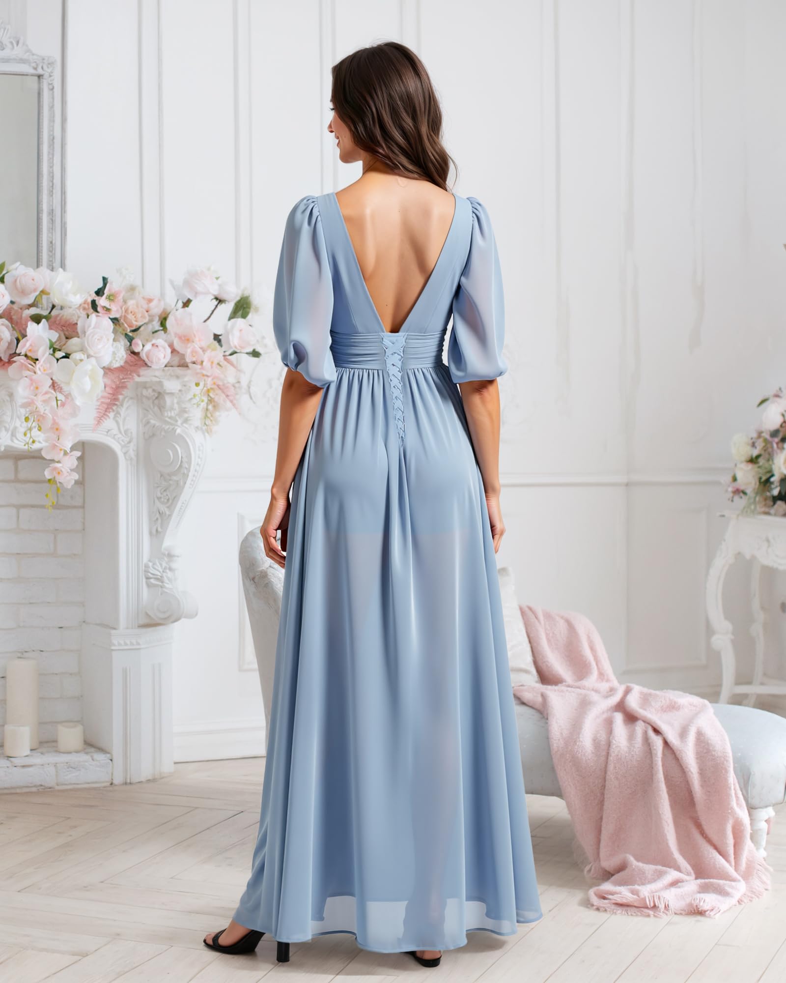 JAEDEN Elegant Chiffon Bridesmaid Dresses 2025 - Long V-Neck Half Sleeve Formal Gown for Weddings, Parties & Special Occasions