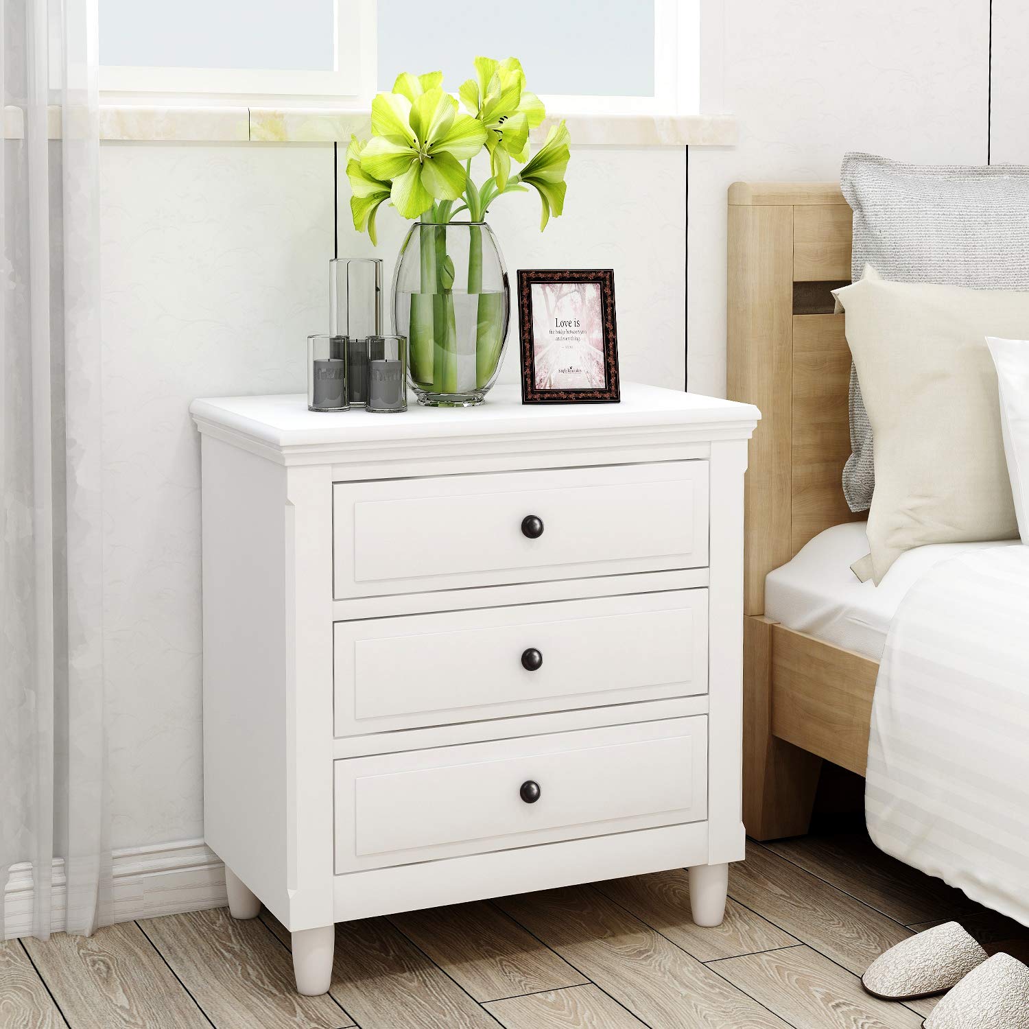 Goujxcy 3-Drawer Dresser - Solid Wood Bedside Nightstand & Storage Chest for Bedroom, Living Room, Closet | Fully Assembled | Perfect for Small Spaces & Home Organization
