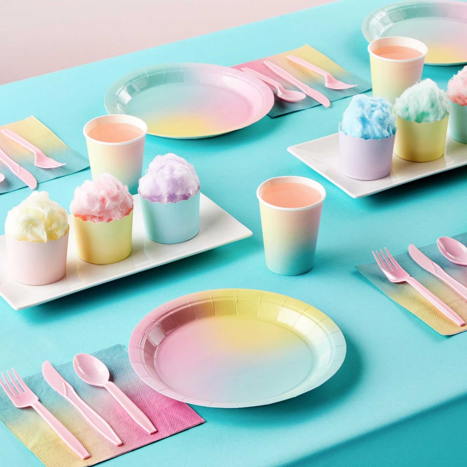 BLUE PANDA 144-Piece Pastel Rainbow Birthday Party Supplies Set - Includes Paper Plates, Napkins, Cups & Pink Cutlery (Serves 24) | Perfect for Kids Birthday Parties, Baby Showers & Rainbow Themed Events