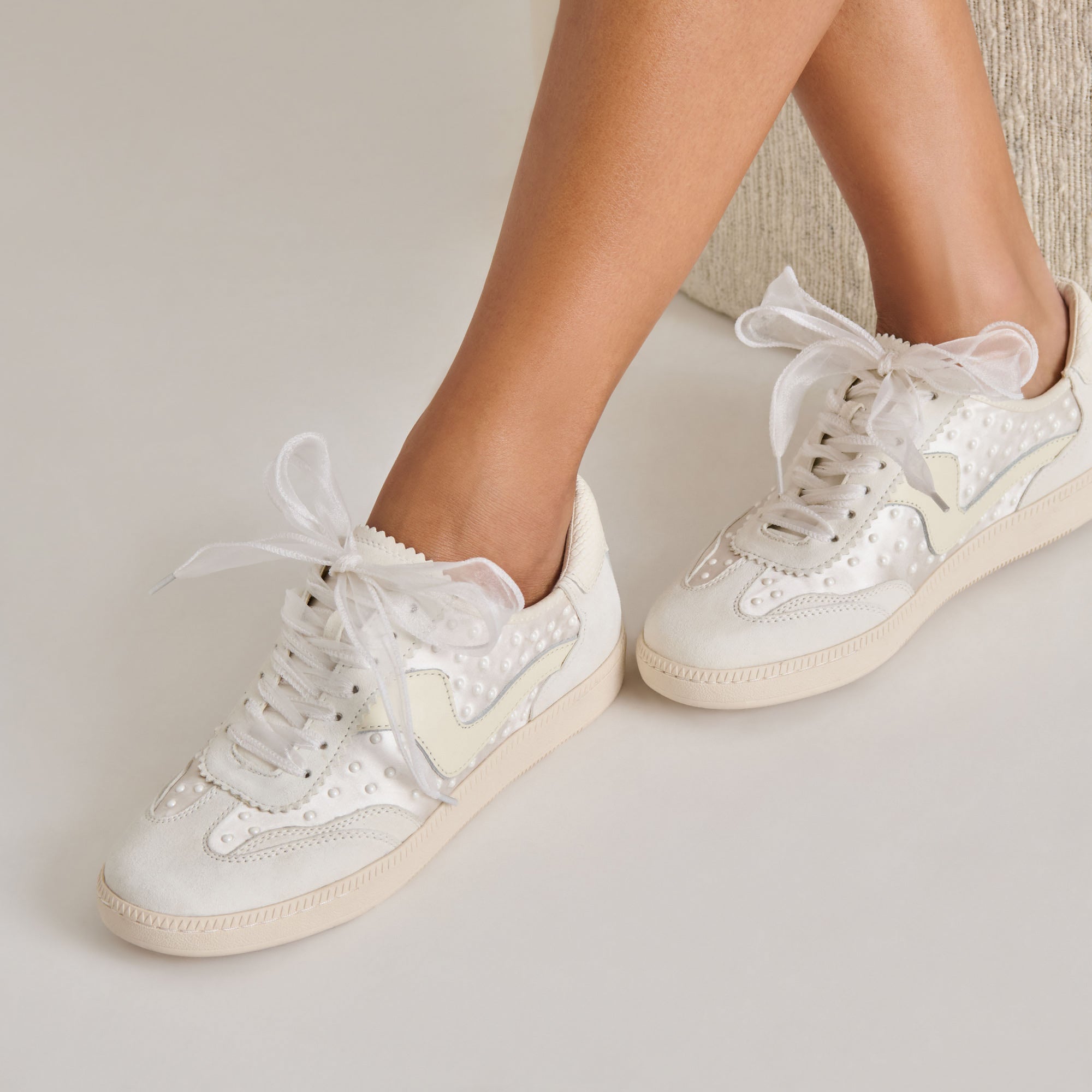 Off-White Satin Pearl Sneakers - Women's Fashion Running Shoes for Casual Wear & Street Style