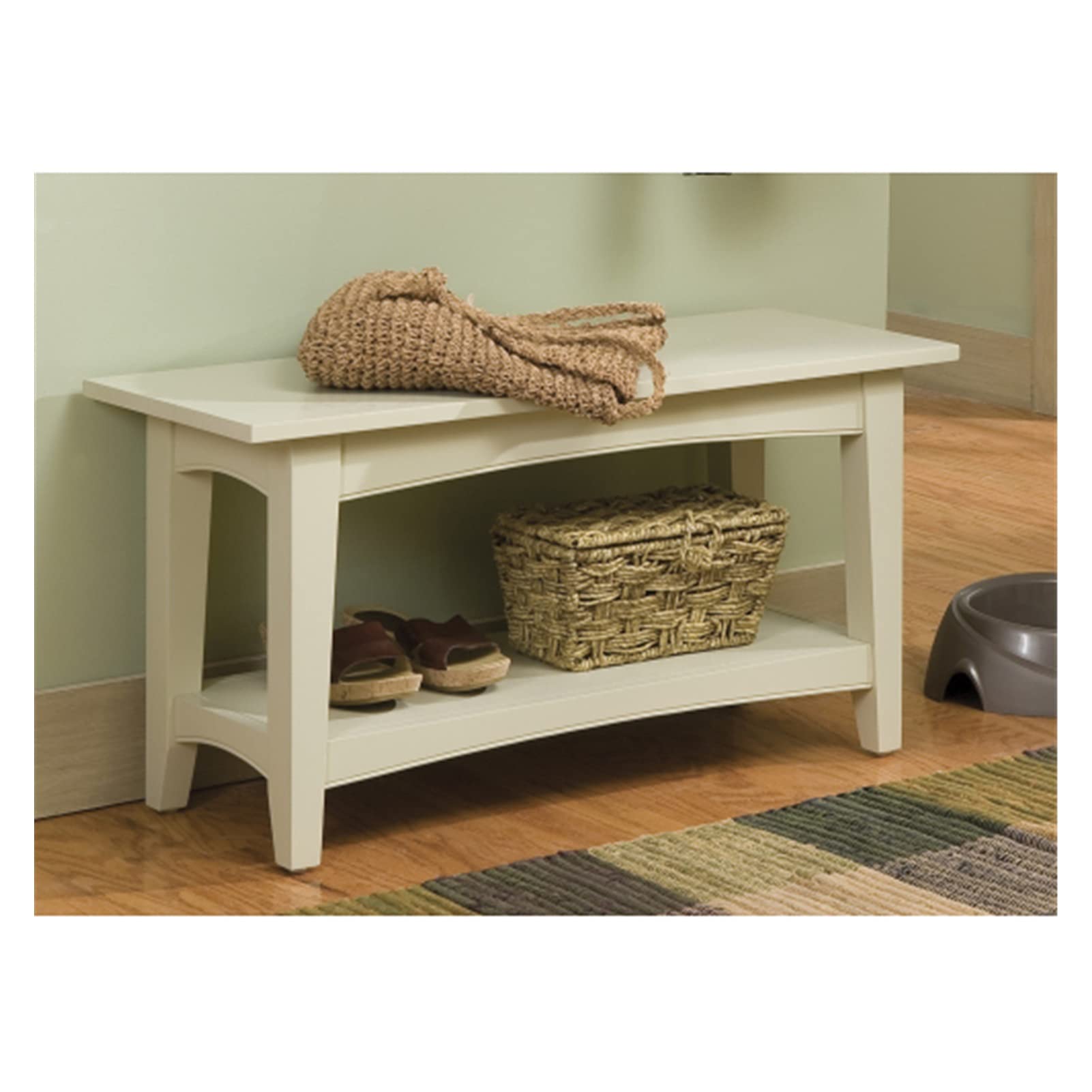 TOPOU Ottoman Storage Bench with Shelf - Shaker Style Cottage Bench in Sand Color | Perfect for Living Room, Bedroom, or Entryway Storage & Seating