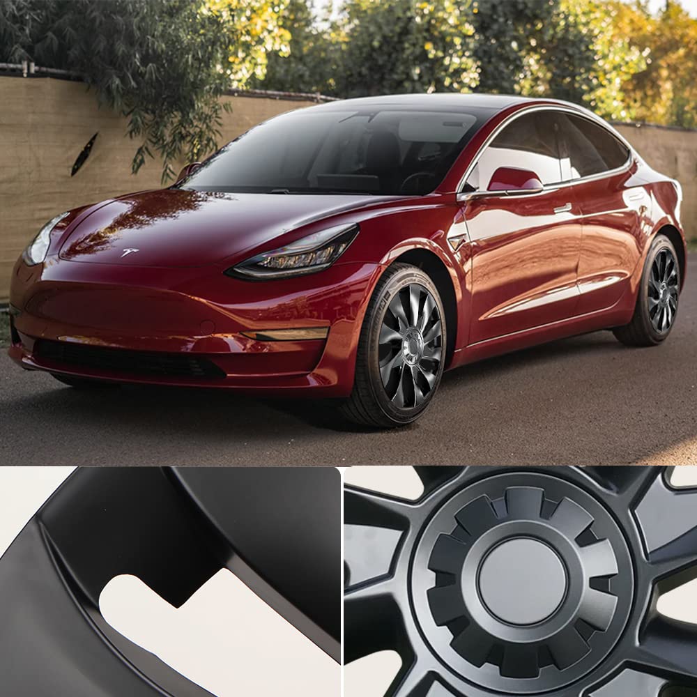 Tesla Model 3 18-Inch Überturbine Wheel Covers (4-Piece Set) - Matte Black Aero Wheel Caps for 2017-2023 - Enhance Style & Protect Rims for Daily Driving & Road Trips