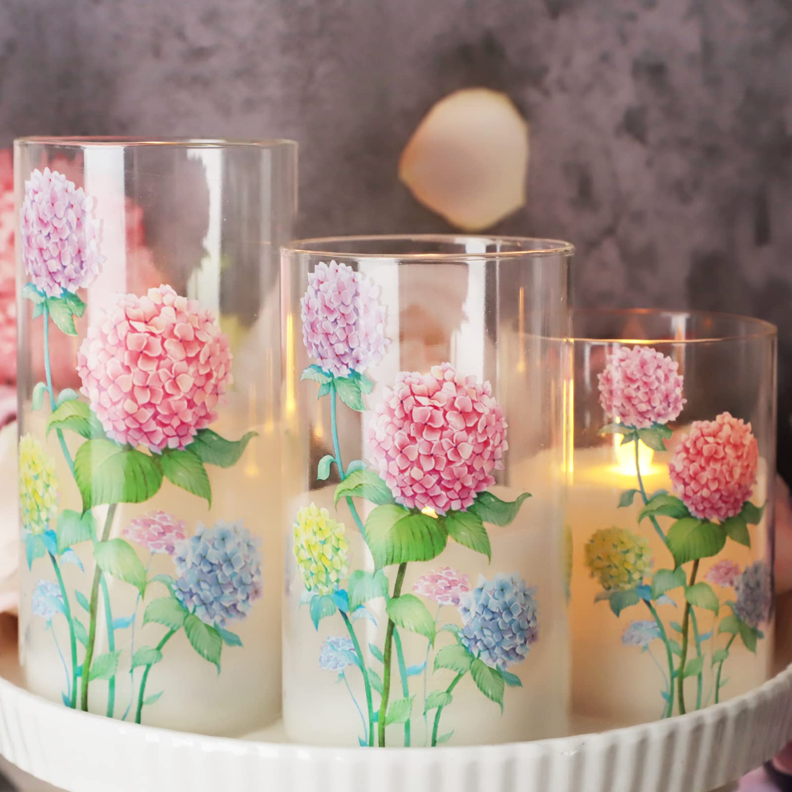 MELTONE Flameless LED Candles with Remote - Set of 3 Real Wax Hydrangea Decor Candles, Battery Operated for Home, Bedroom, Wedding, Birthday Party & Spring Botanical Decorations - Romantic Ambiance Lighting