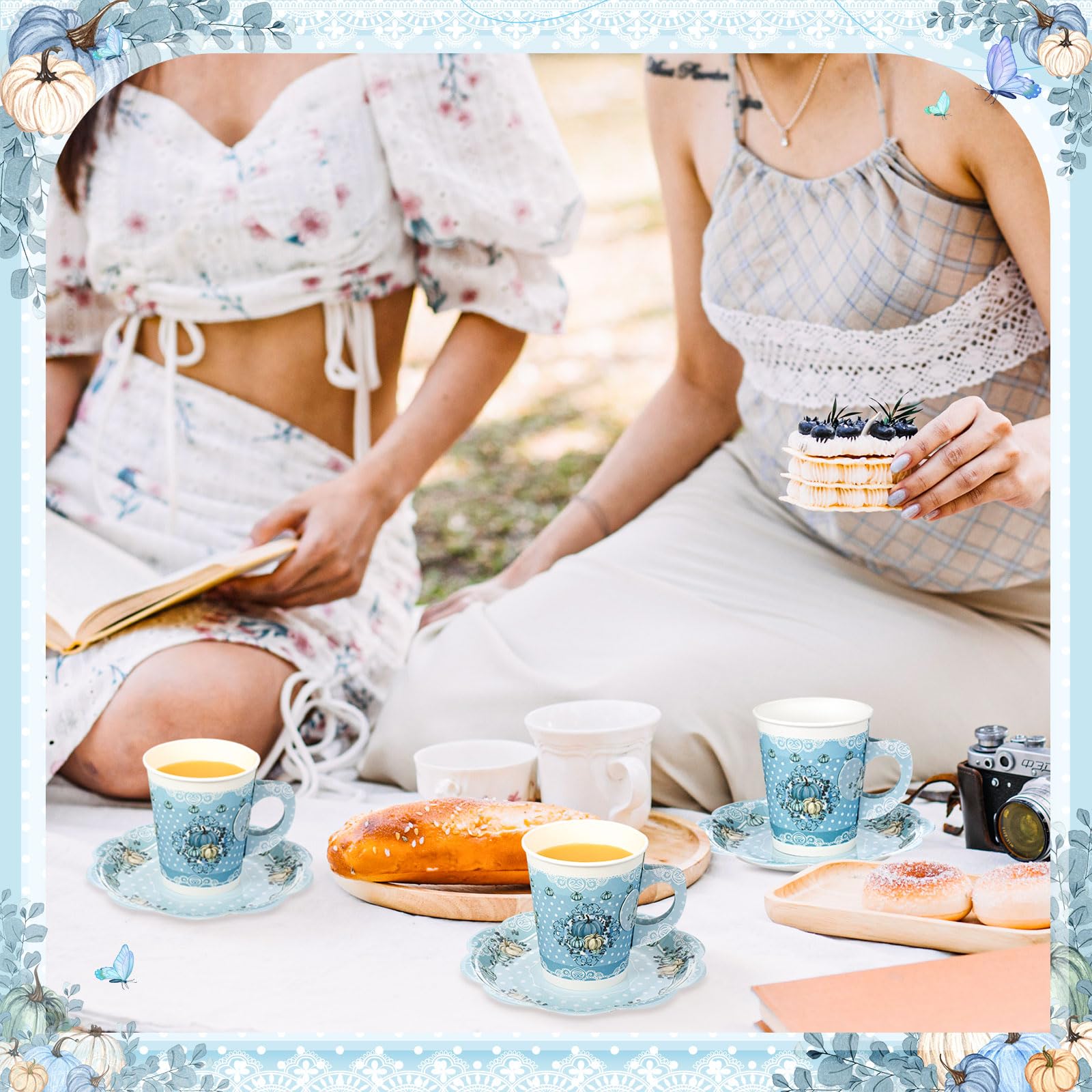 100 Pcs Blue Little Pumpkin Baby Shower & Tea Party Decorations Set - 50 Disposable 9 oz Paper Tea Cups with Handles & 50 Matching Plates - Perfect for Gender Reveal, Birthday Parties & Fall Themed Events