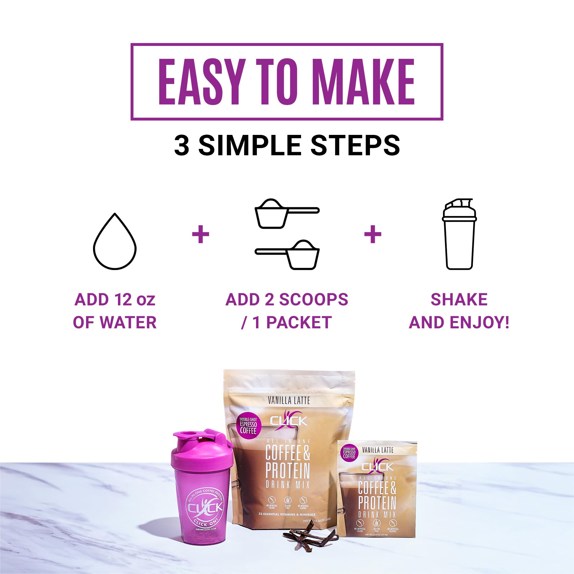 Click Coffee Protein Powder - Double Shot Espresso with 16g Protein & 23 Vitamins | Low Calorie Meal Replacement Shake | 150mg Caffeine, Gluten Free, No Artificial Flavors | Vanilla Flavor | Perfect for Post-Workout Recovery & Busy Mornings