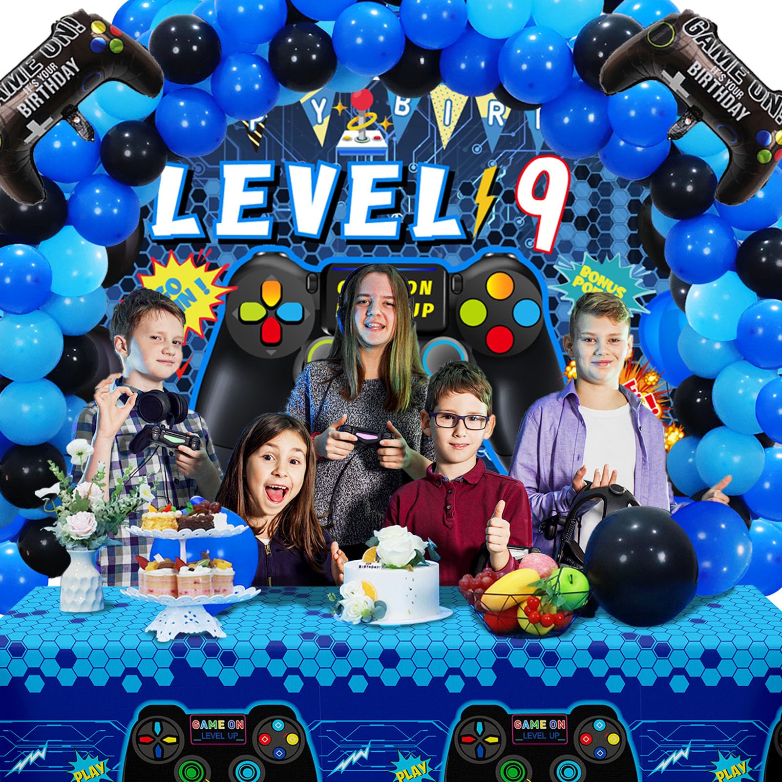 Vlipoeasn 90PCS Blue Video Game Party Decorations Set for Boys - 9th Birthday Party Supplies with Backdrop, Balloons & Tablecloth - Perfect for Gamer Themed Birthday Parties, Gaming Events & Kids Celebrations