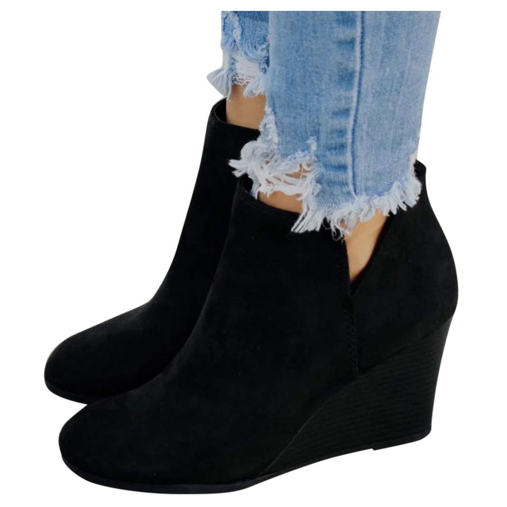 Gibobby Women's Ankle Boots - Slip On Wedge Heel Combat Booties with Round Toe | Solid Color Casual & Dressy Footwear for Everyday Wear, Office, and Night Out