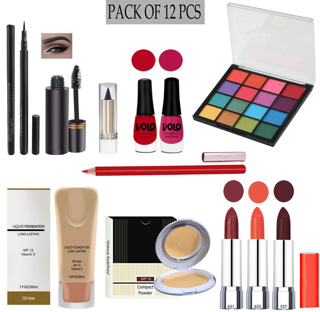 G4U Complete Makeup Kit for Women - 12-Piece Set with 3 Lipsticks, Eyeliner, Mascara, Kajal, 2 Nail Polishes, 16-Color Eyeshadow Palette, Foundation, Compact & Lipliner | Perfect for Travel, Bridal Makeup & Everyday Beauty Routine