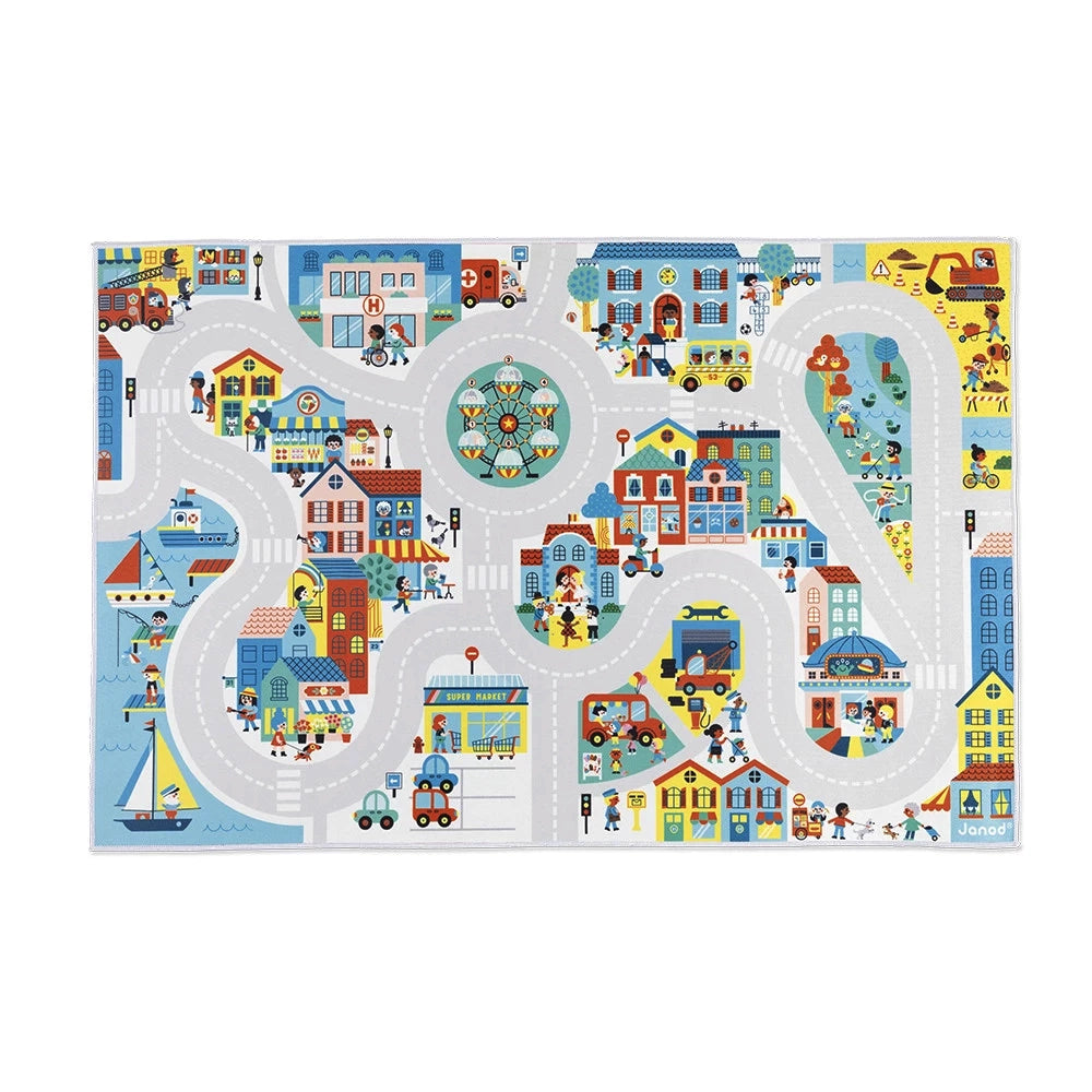 Janod Cross Roads City Play Mat - Interactive Toy Car Playmat for Kids, Durable & Foldable Road Map for Imaginative Play - Perfect for Home, Classroom, or Travel Use