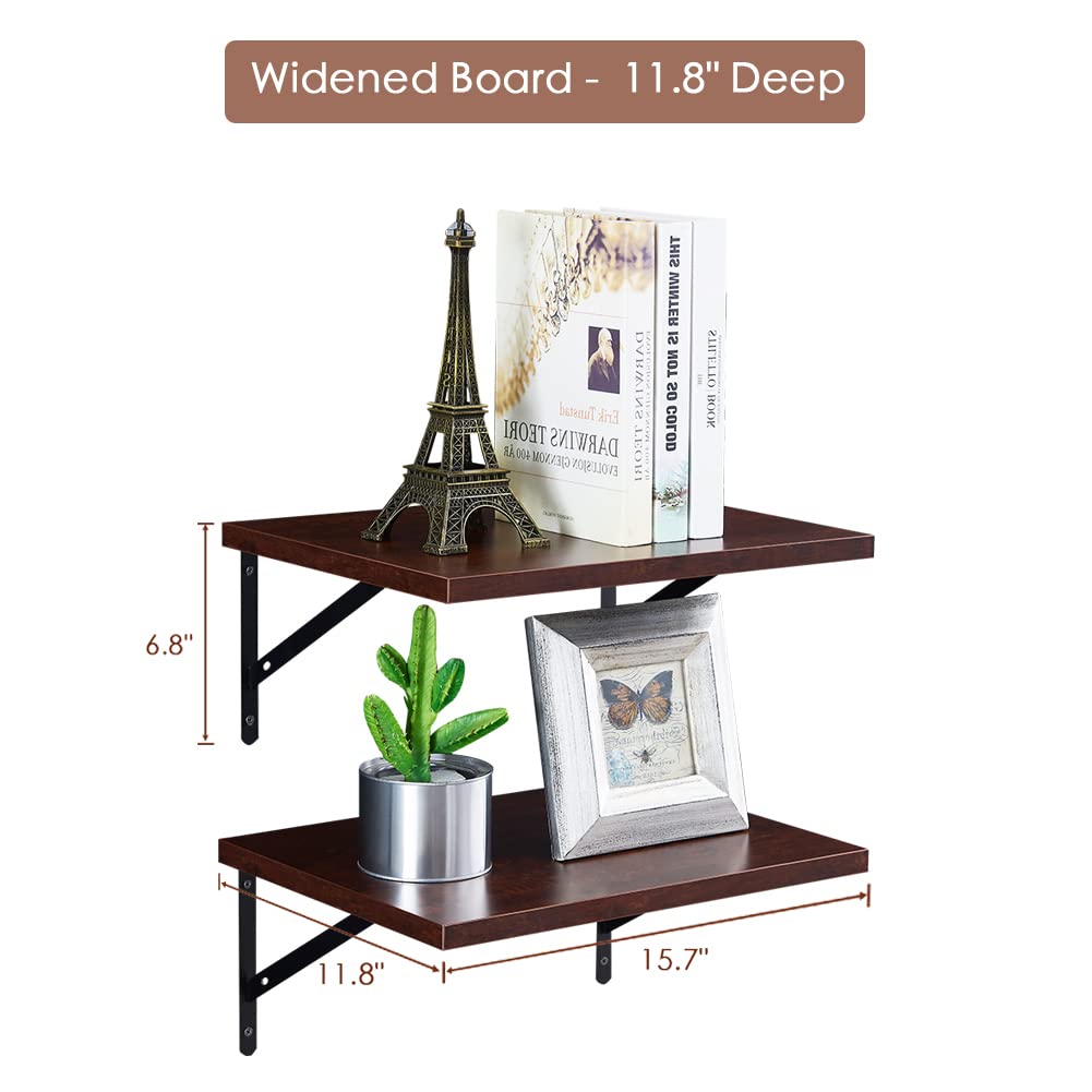Floating Wall Shelves Set of 2 - Rustic Cherry Walnut Wood Display Shelf - 11.8