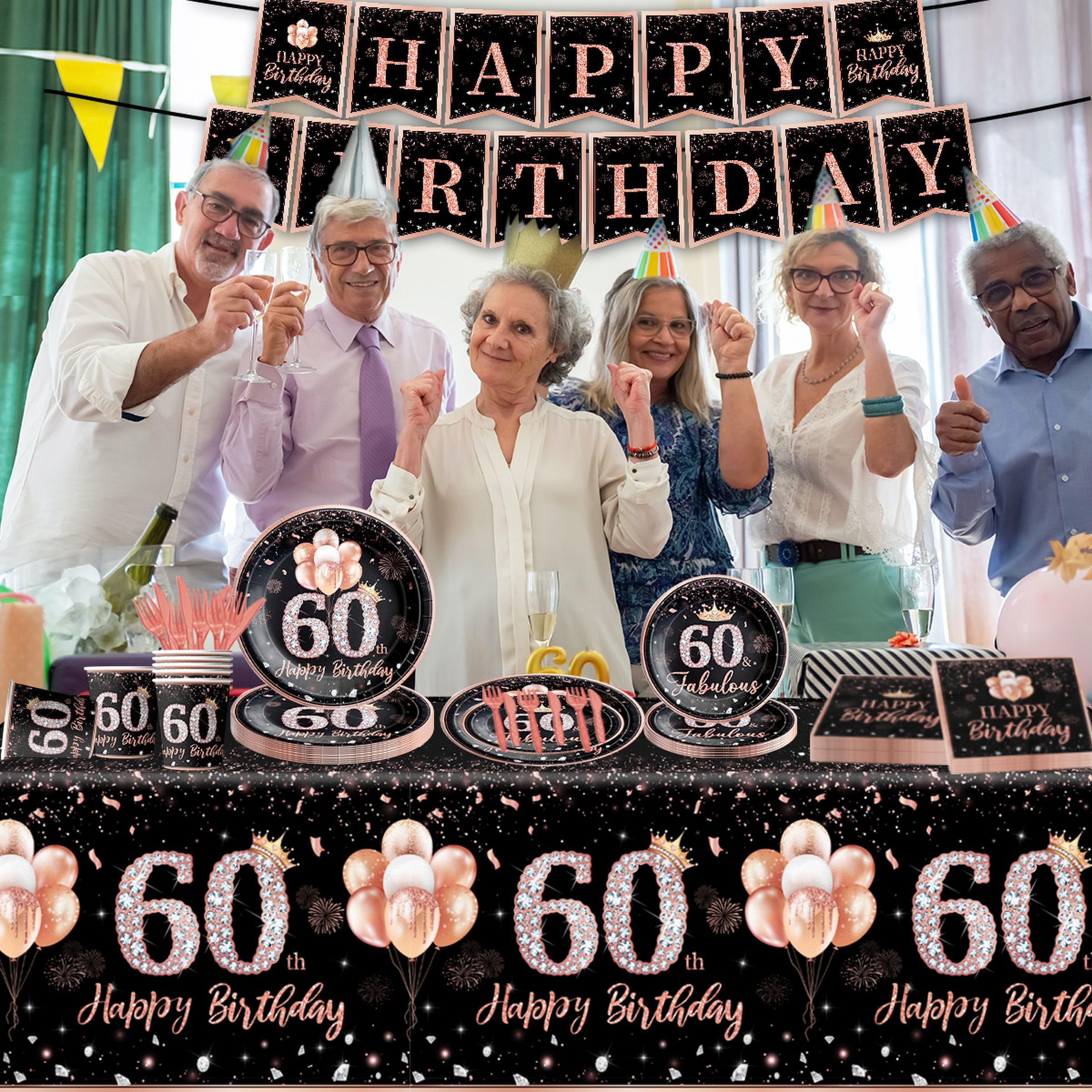 142Pcs Rose Gold 60th Birthday Party Tableware Set - Disposable Tablecloth, Plates, Napkins, Cups, Forks & Knives for Women's 60 Years Old Celebration - Perfect for Themed Decorations, Retirement Parties & Milestone Birthday Events