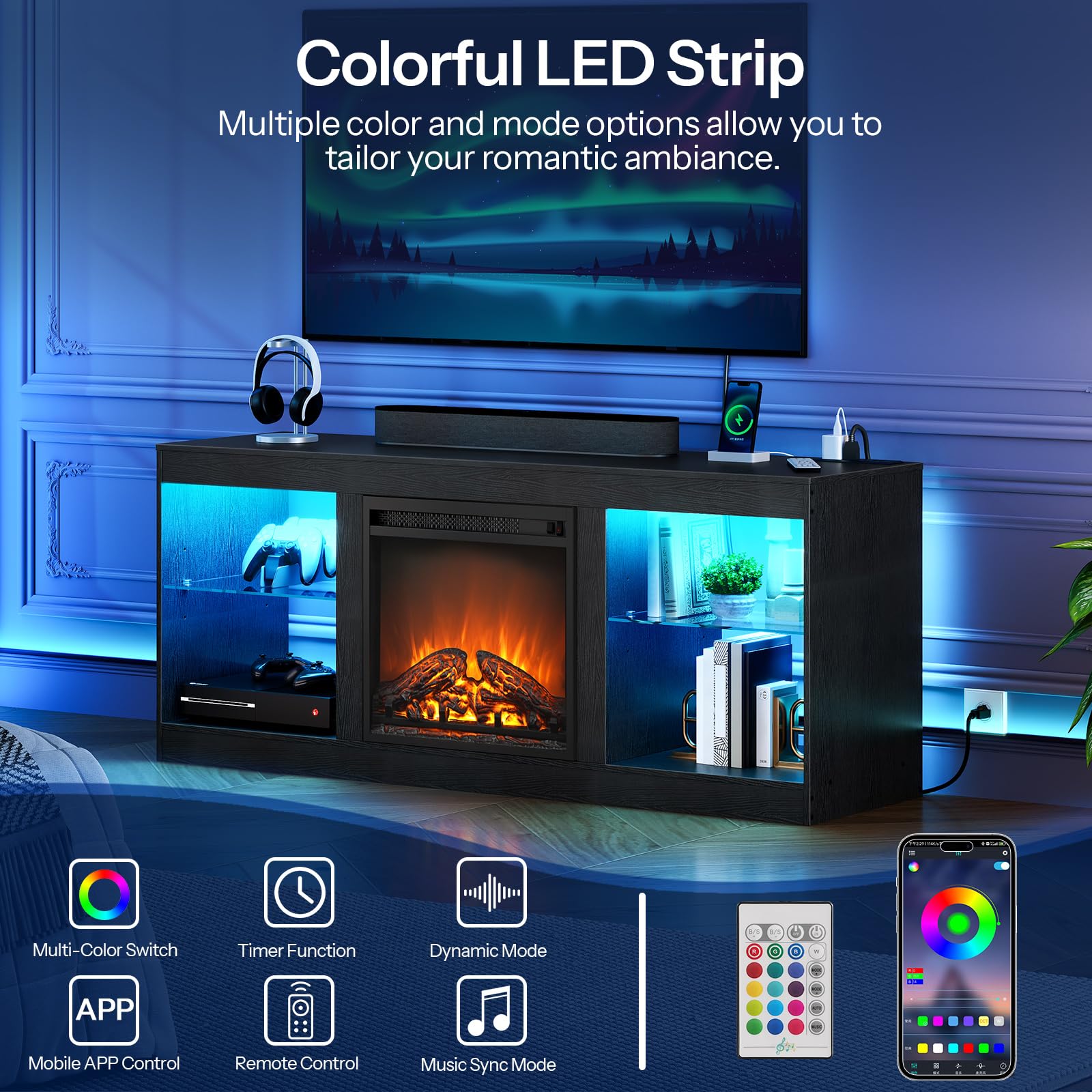 HOOBRO 65 Inch Fireplace TV Stand with LED Lights & Power Outlets, Electric Fireplace Entertainment Center with Adjustable Shelves - Modern TV Console for Living Room, Bedroom & Office (Black BK048UDDS01US) | Perfect for Home Theater Setup & Cozy Winter Nights