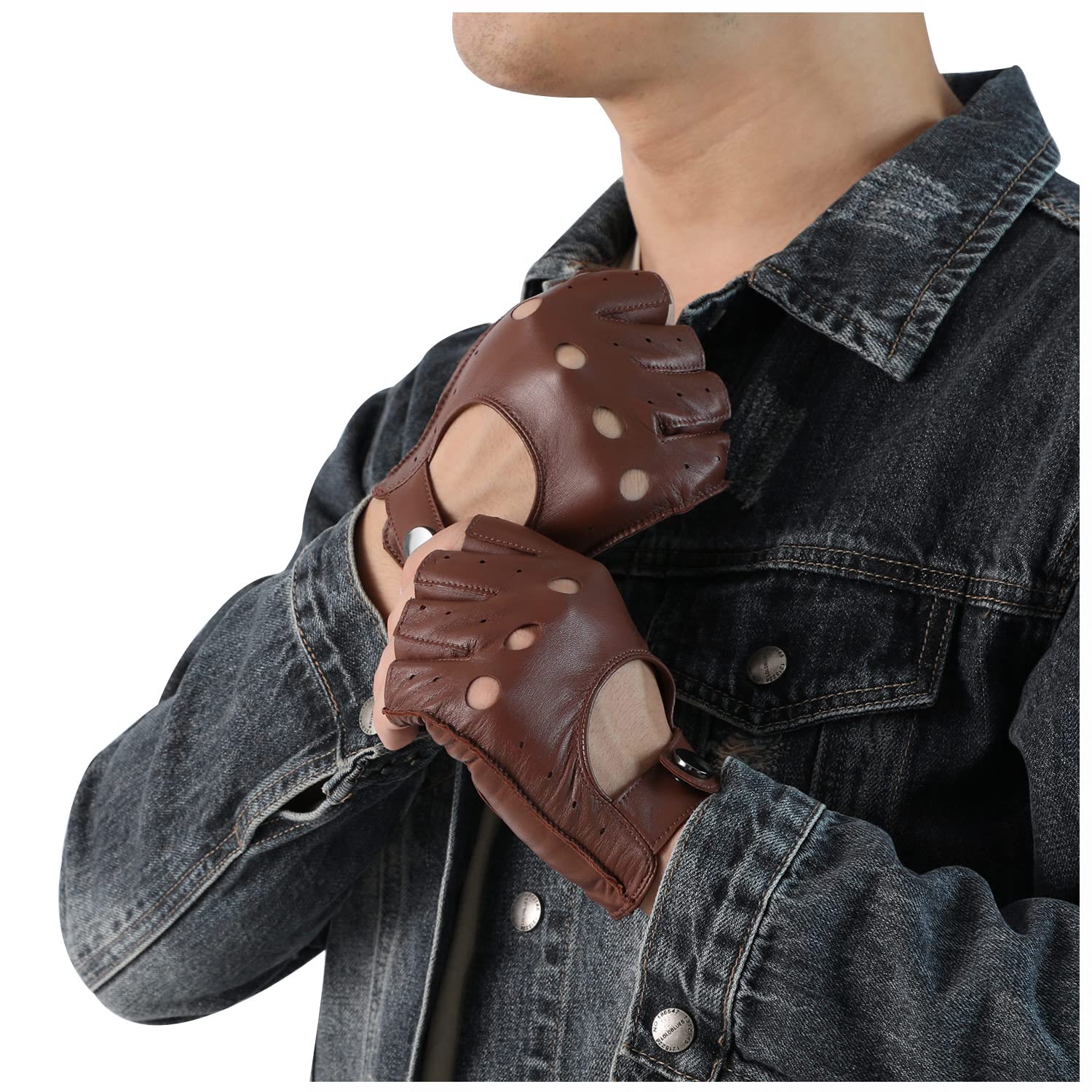 GSG Men's Fingerless Leather Gloves - Breathable Half Finger Gloves for Driving, Cycling & Motorcycle Riding - Perfect for Outdoor Sports & Commuting