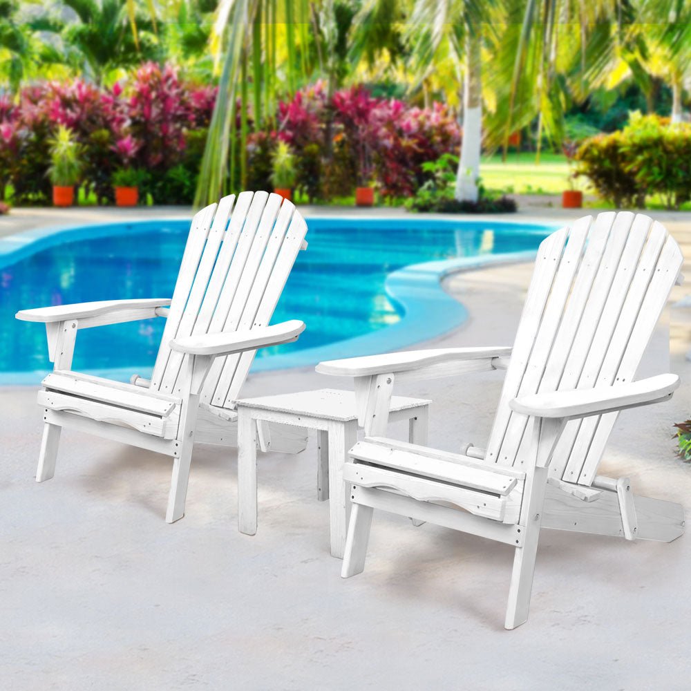 3-Piece White Wooden Foldable Adirondack Outdoor Table and Chairs Set - Perfect for Beach, Patio, Garden, and Backyard Relaxation