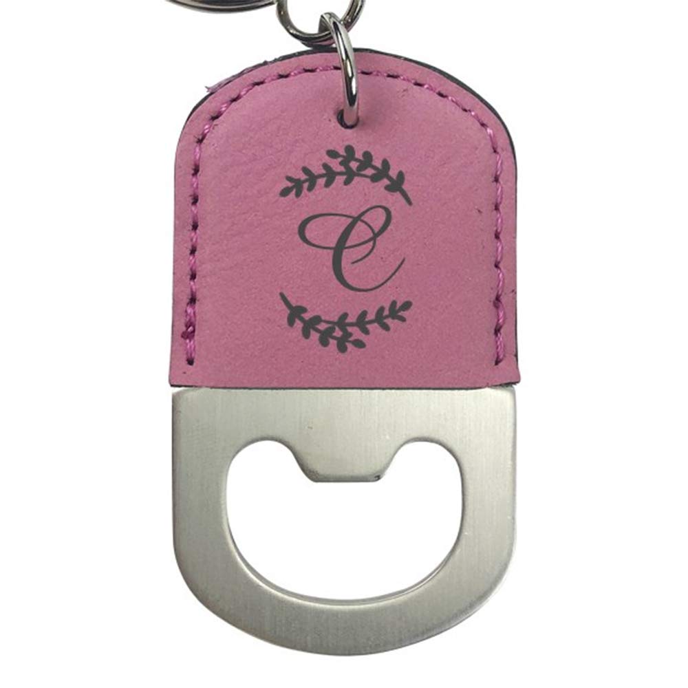 Personalized Engraved Initial Wreath Keychain & Bottle Opener - Pink Leatherette Gift for Women, Bridesmaids, Party Favors | Perfect for Weddings, Birthdays, Travel & Everyday Use