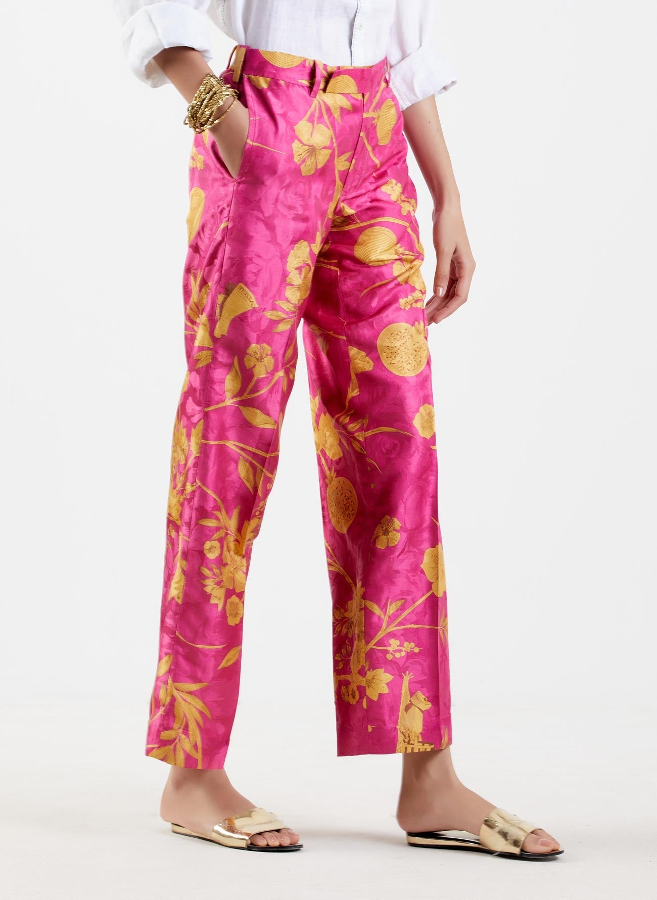 Straight Fit Trousers for Women - Luxury Silk Damask Fabric - Comfortable & Elegant Pants for Office, Party & Special Occasions
