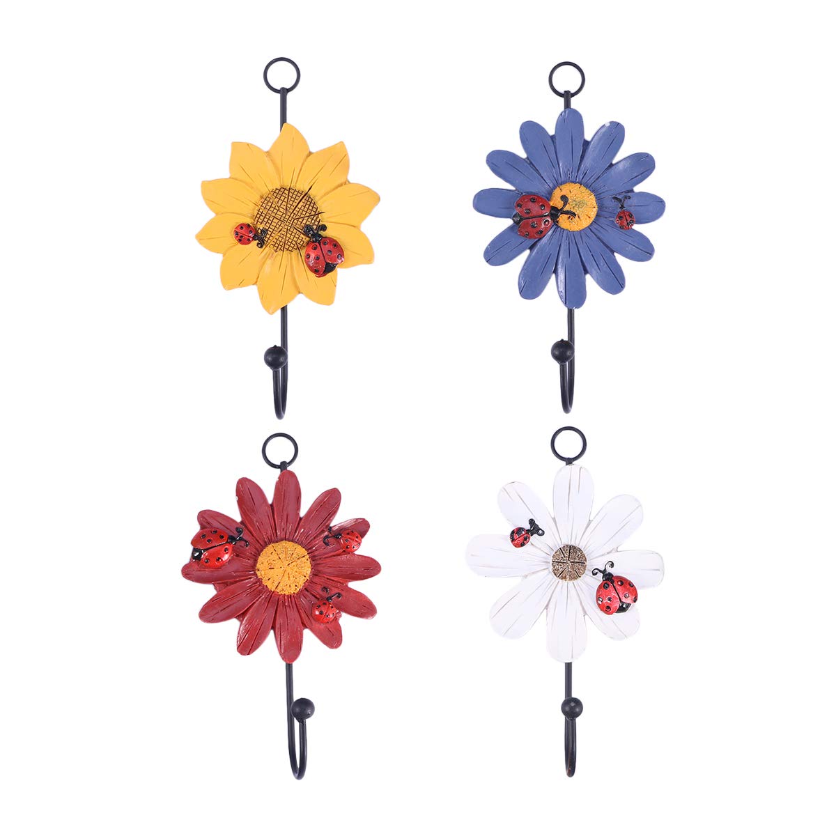 4-Pack Decorative Flower Resin Wrought Iron Wall Hooks - Red, Yellow, White & Purple - Coat Hooks for Garden, Entryway, Bedroom & Bathroom Organization - Rustic Home Decor Hanging Solution for Coats, Hats, Bags & Towels