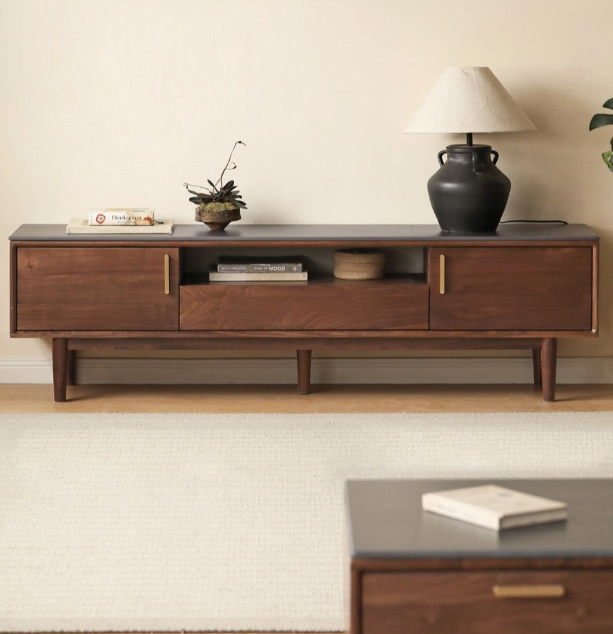 Premium Black Walnut Solid Wood TV Stand Cabinet with Storage - Modern Entertainment Center for Living Room, Home Theater & Media Organization