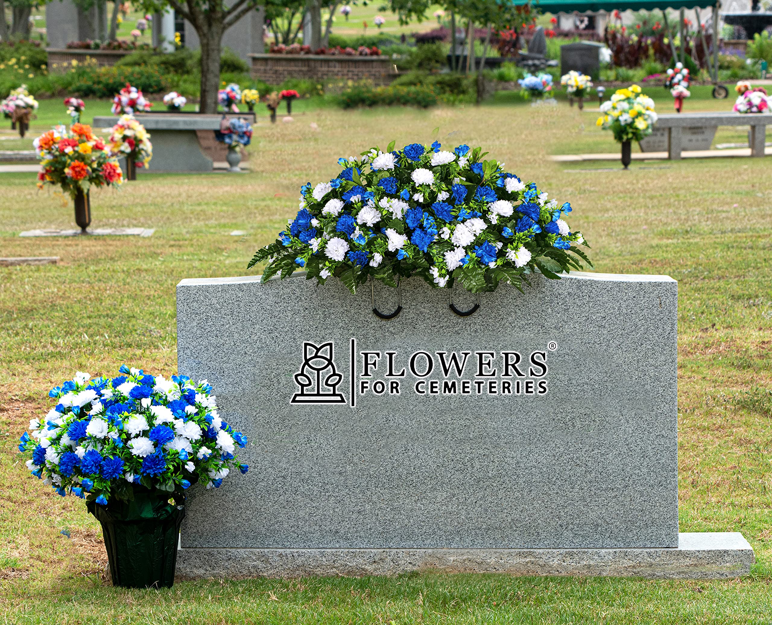 Sympathy Silks Artificial Cemetery Flowers - Bright Sapphire Blue and White Garden Mums - 30