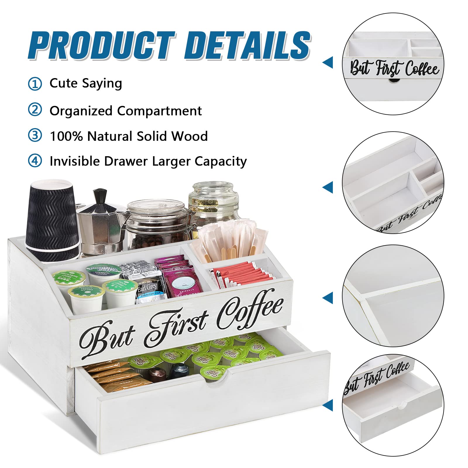 Wooden Coffee Station Organizer with Drawer - K-Cup Pod Holder, Tea Bag & Condiment Storage - Countertop Bar Accessories for Coffee Lovers - Perfect for Kitchen, Office & Home Decor Gift