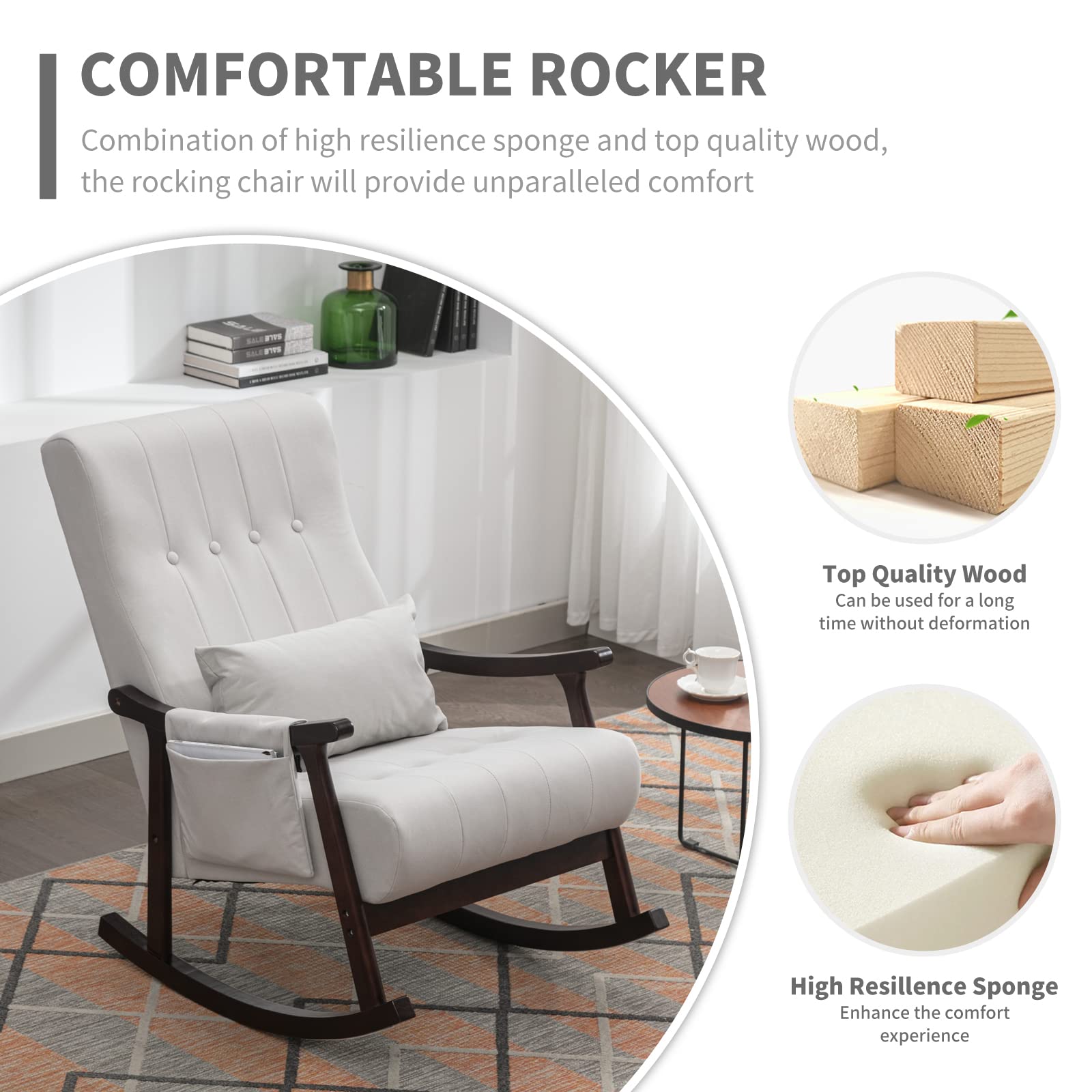 **High Back Rocking Glider Chair for Nursery - Light Gray Tufted Nursing Chair with Side Pocket & Lumbar Pillow - Comfortable Rocker for Moms, Baby Room, Living Room Accent - Perfect Gift for New Parents**    *(Ideal for breastfeeding, nursery relaxation, or stylish living room seating)*