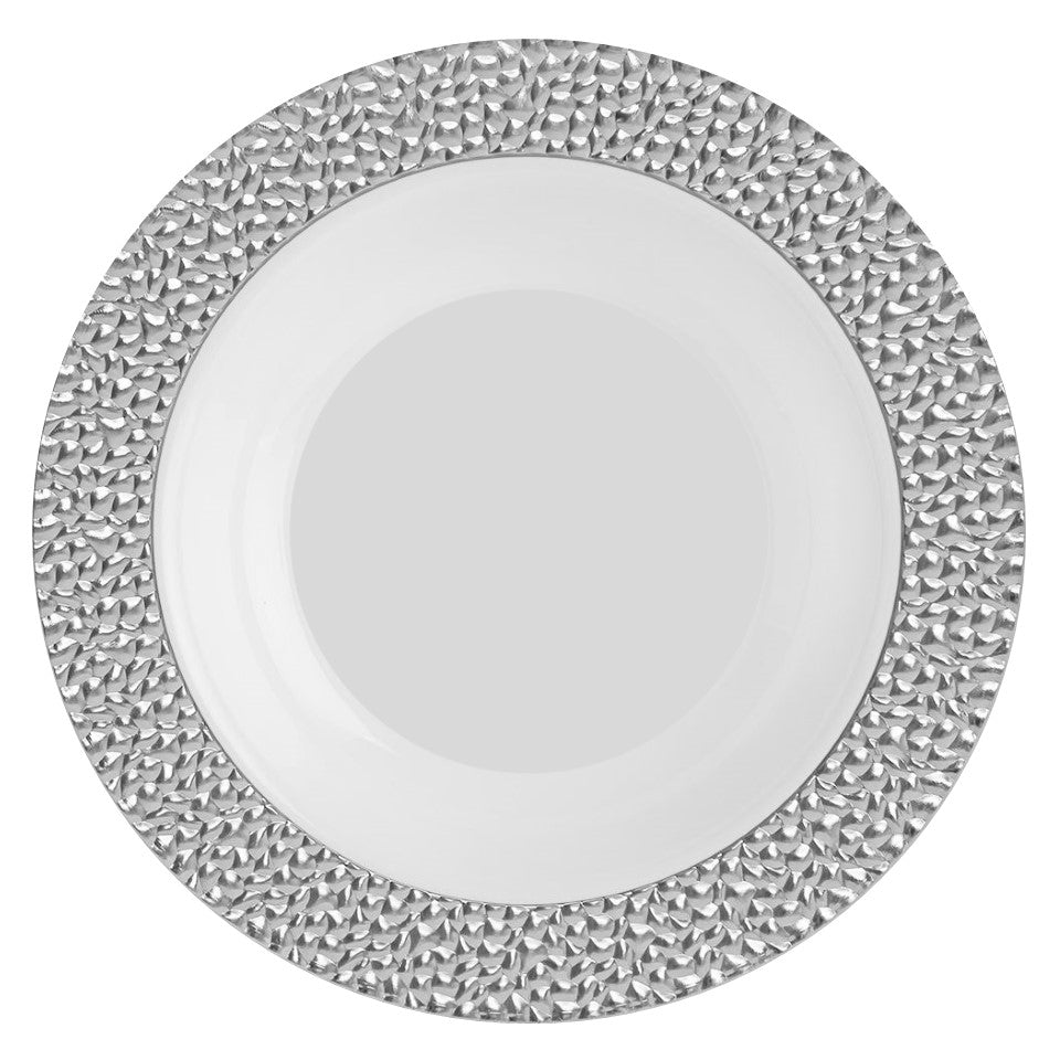 White and Silver Round Plastic Plates - Hammered Design for Elegant Dining, Parties, and Outdoor Events
