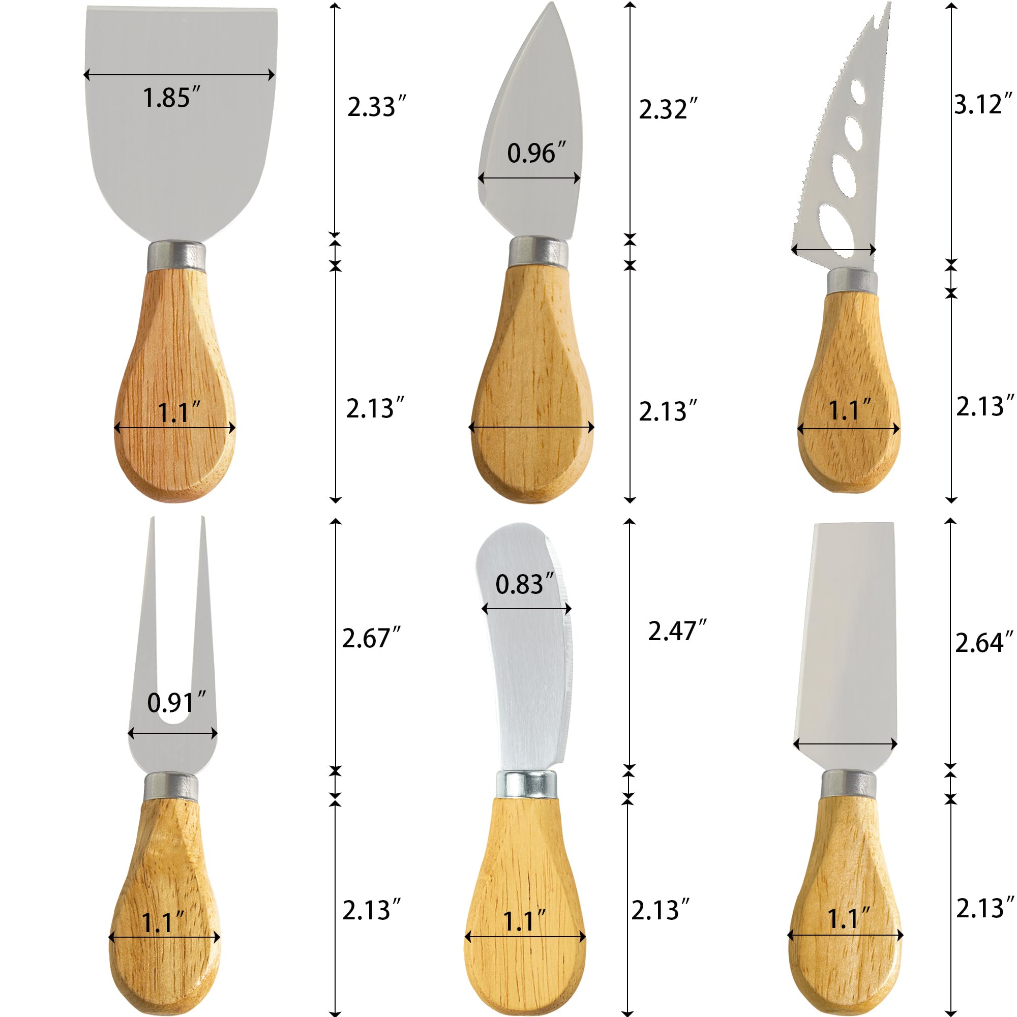 6-Piece Wooden Cheese Knife Set - Stainless Steel Cheese Slicer, Cutter & Fork for Charcuterie Boards - Perfect for Wine Parties, Cheese Tastings & Gourmet Entertaining