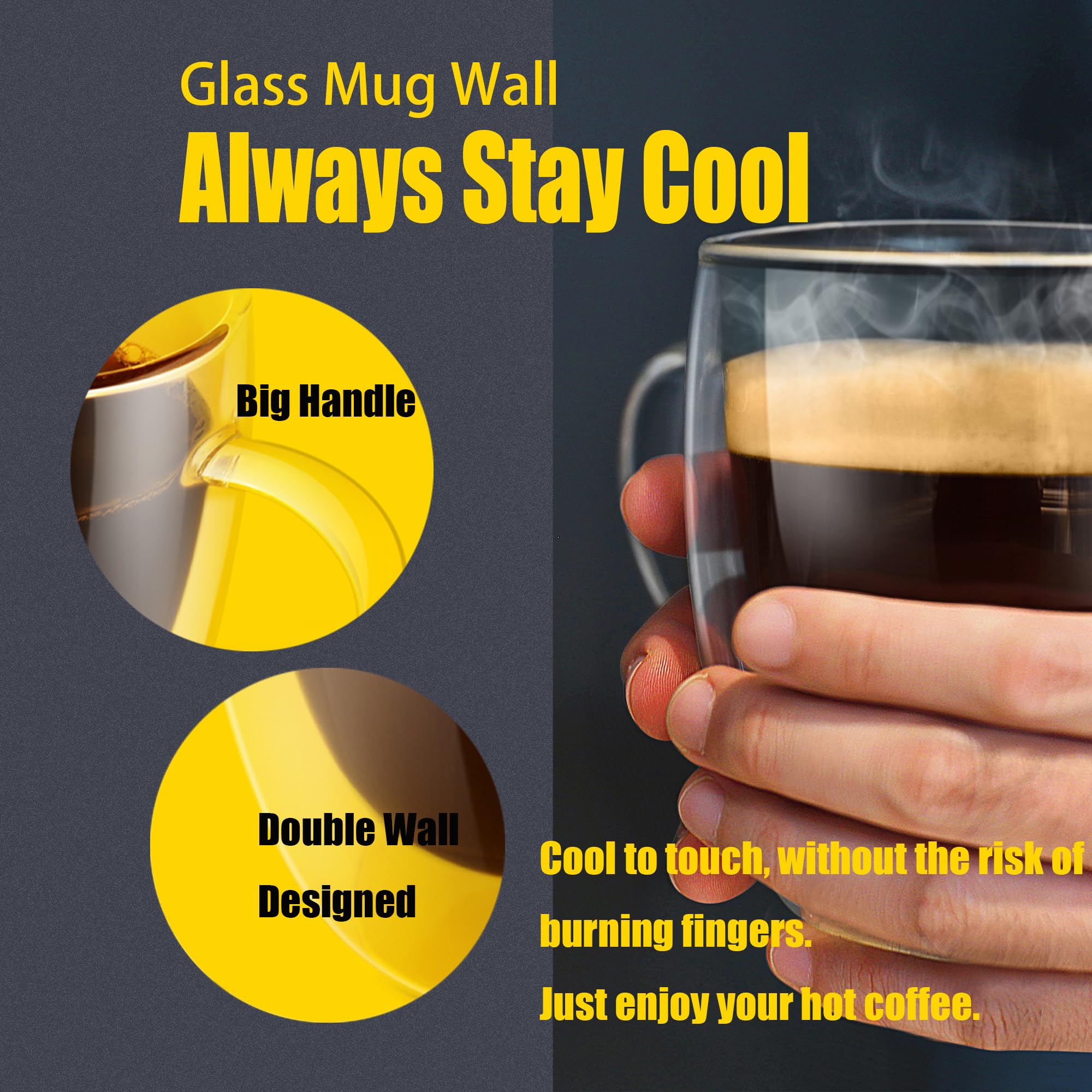 Premium 12.9oz (380ml) Clear Double Wall Glass Coffee Mugs - Set of 4, Large Handle for Hot & Iced Drinks - Perfect for Latte, Espresso, Tea - Ideal for Home, Office & Cafe Use