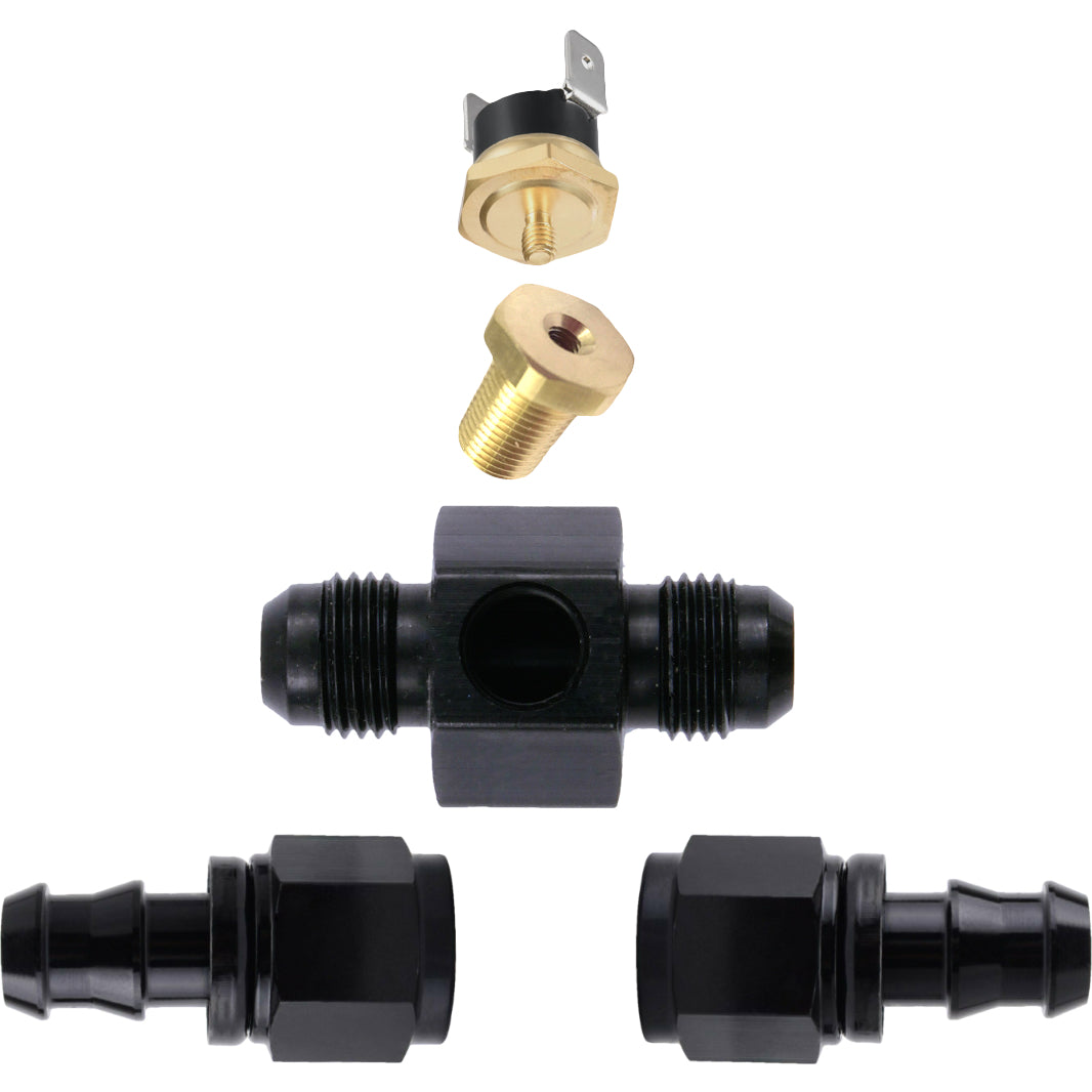 Universal Transmission Cooler Hose Adapter with Electric Fan & Adjustable Thermostat Temperature Switch Kit - Perfect for Car, Truck & RV Cooling System Upgrades