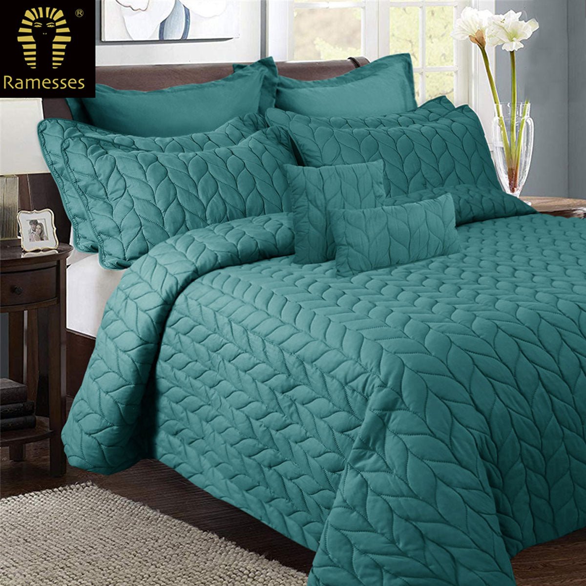 9-Piece Ultrasonic Comforter Set - Queen Size, Teal Blue - Ultra Soft Bedding for Cozy Sleep & Guest Room Decor