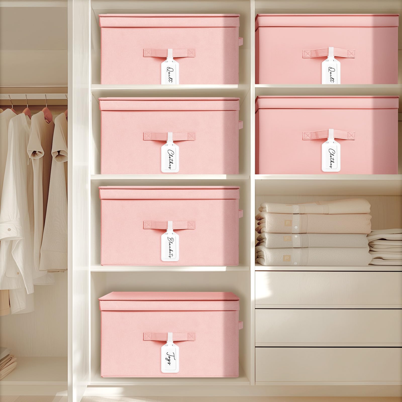 DIMJ 57 Quart Foldable Storage Bins with Lids - Closet Organizers for Bedroom, Office & Nursery | Space-Saving Storage Boxes for Clothes, Blankets & Toys | Stackable Shelving Bins in Pink (Great for Home Organization & Small Space Storage)