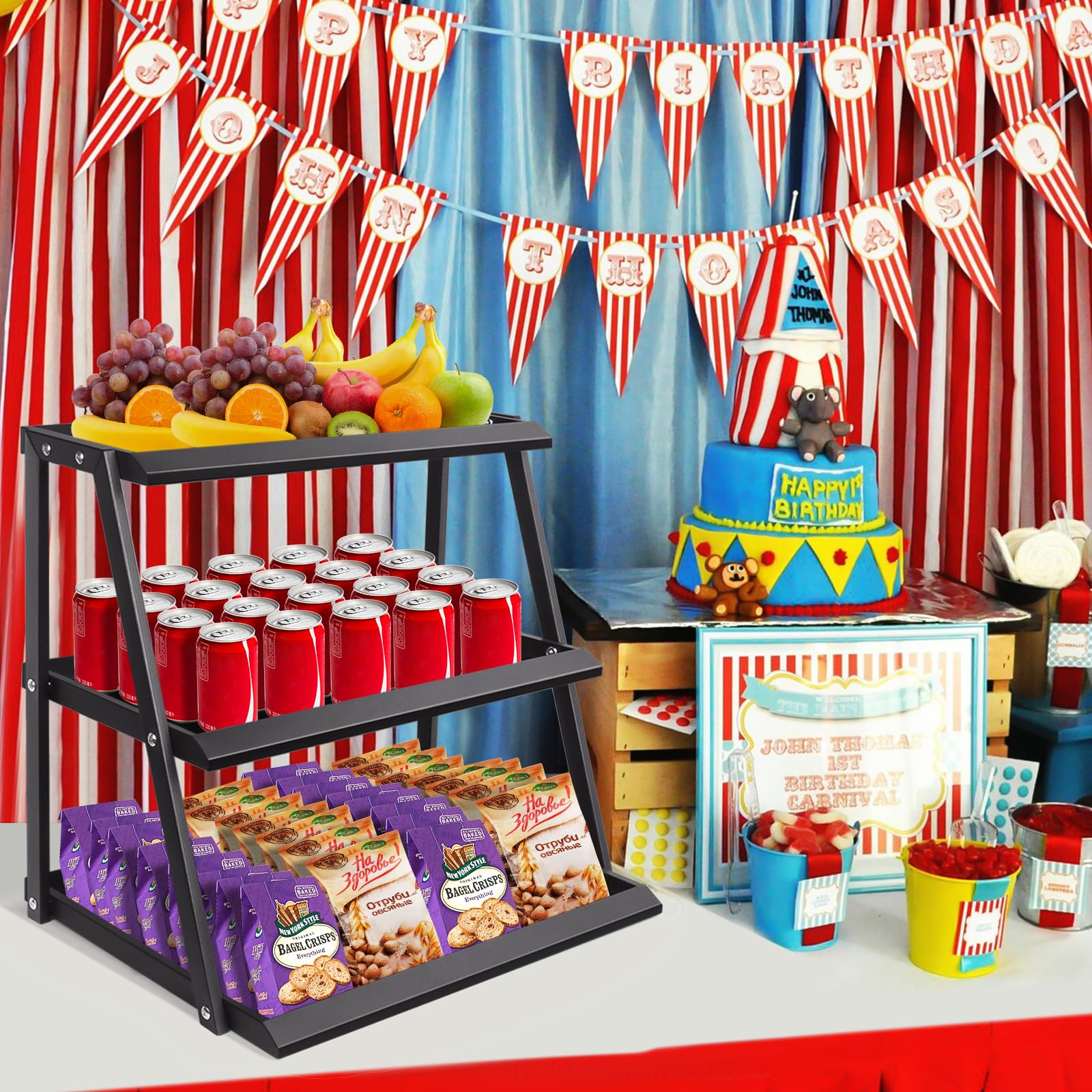 3-Tier Metal Snack Organizer - Countertop Candy Display Rack for Pantry, Office, Store & Bedroom - Black Snack Holder for Chips, Cakes & Cotton Candy - Perfect for Retail Display & Home Organization
