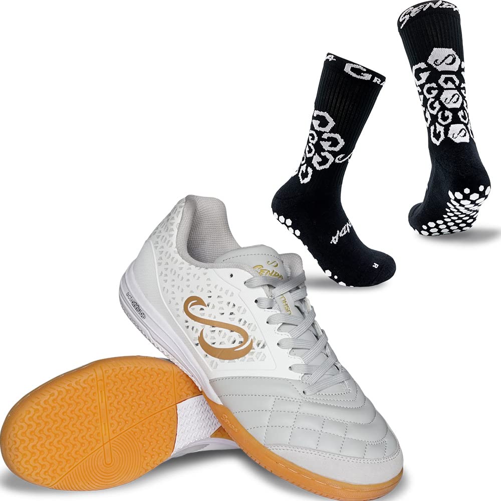 **SENDA Ushuaia Pro 2.0 Men's & Women's Indoor Soccer Shoes - Court & Futsal Cleats (Size 11 Men/12 Women) with Gravity Performance Grip Socks (Black/White, Medium - US Men 5-8/Women 6-9) - Perfect for Indoor Soccer, Training & Casual Wear**