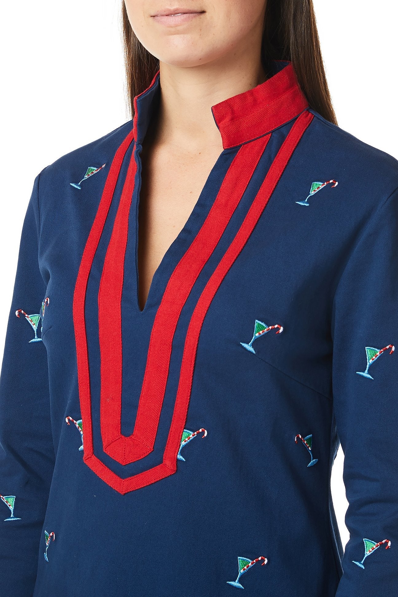 Women's Nantucket Navy Tunic Top with Martini Candy Cane & Red Trim - Casual Beachwear, Holiday Party & Office Wear