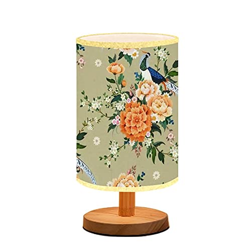 Elegant Diamond Pheasant & Peony Pattern Wooden Table Lamp with Flaxen Fabric Shade - Minimalist Nightstand Lighting for Bedroom, Living Room, Nursery & Breastfeeding Area