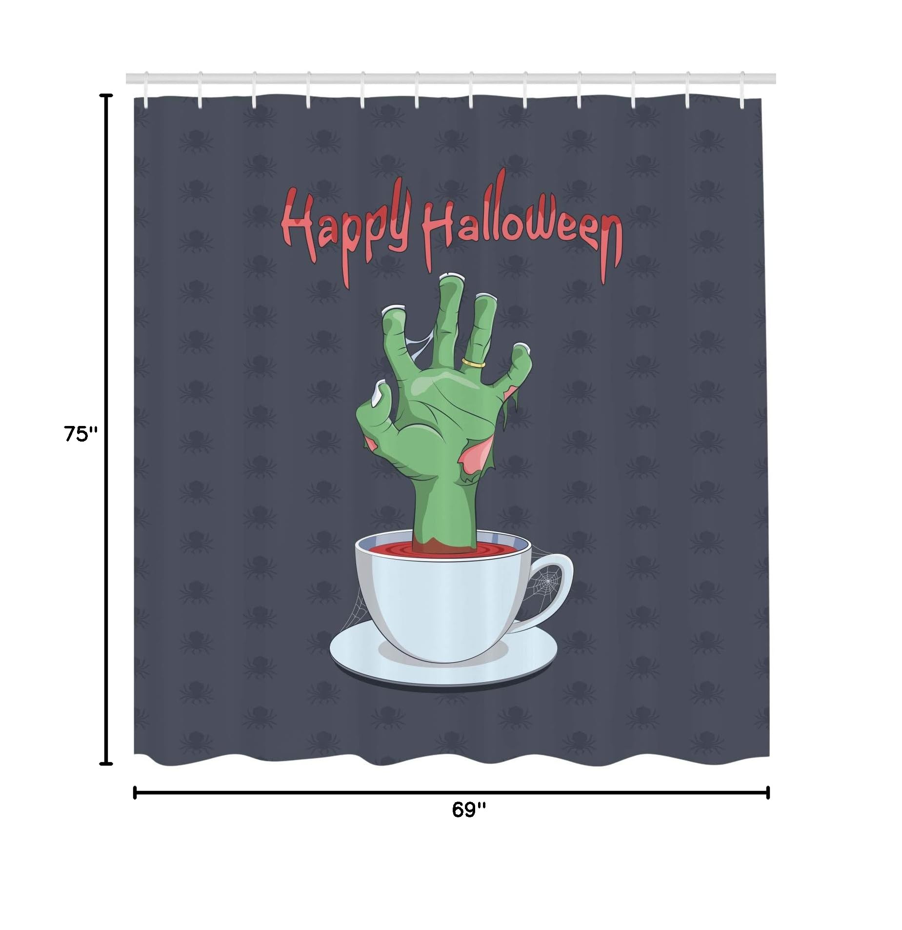 Ambesonne Halloween Shower Curtain - Zombie Hand in Bloody Tea Cup with Happy Halloween Lettering & Spiders, 69x75 Inch Grey Pale Rust Green Bathroom Decor - Perfect for Spooky Halloween Bathroom Makeover & Themed Parties
