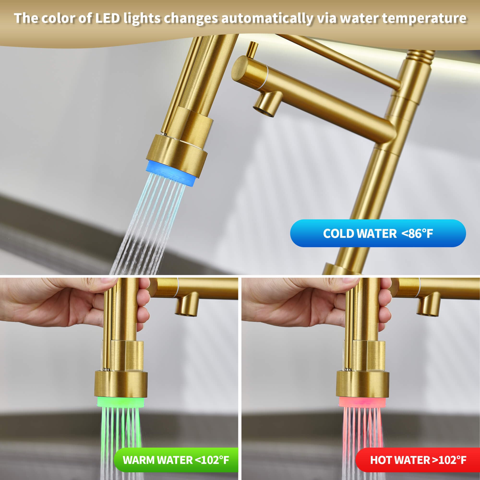 Modern Stainless Steel Kitchen Faucet with Pull Down Sprayer & LED Light - Brushed Gold Dual Spout Sink Faucet with Pot Filler - Perfect for Cooking, Washing Dishes & Filling Pots in Contemporary Kitchens