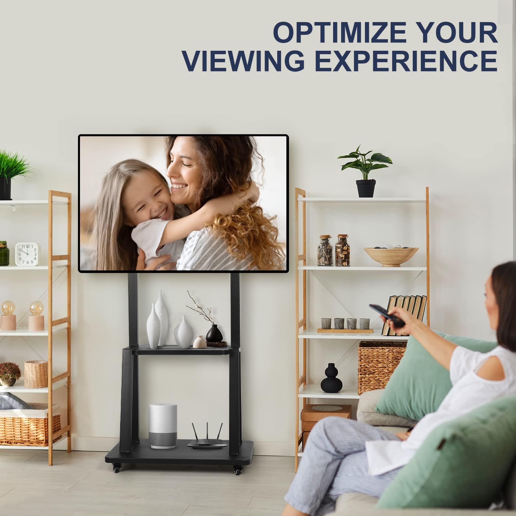 Heavy-Duty Rolling TV Stand with Wheels for 32-75 Inch TVs - Adjustable Height Mobile Cart for LCD LED OLED Flat Screens & Smartboards (100lbs Capacity) - Perfect for Living Rooms, Classrooms & Office Presentations