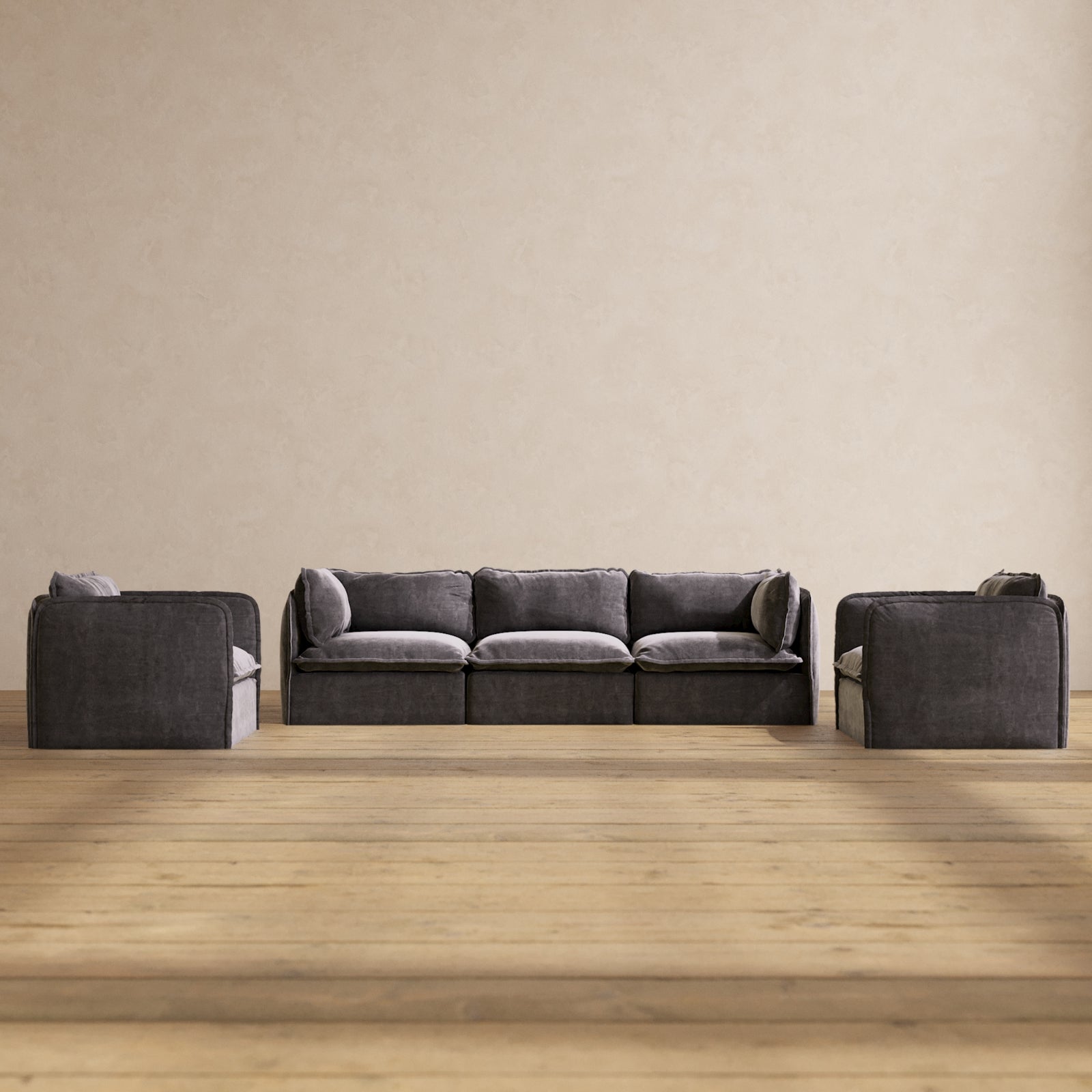 Modular Performance 3-Seater Sofa & Armchair Set in Cinder | Relaxed Blend Fabric | Modern Living Room Furniture for Home Theater & Family Gatherings