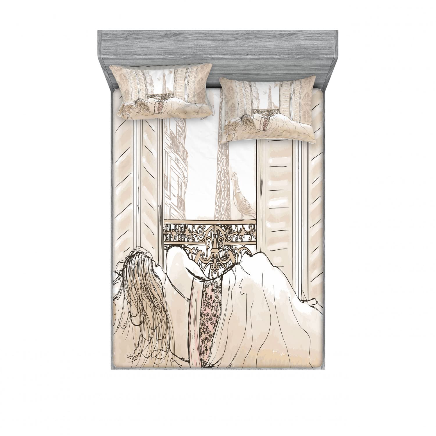 Ambesonne 4-Piece Queen Size Bedding Set - 2 Fitted Sheets & 2 Pillow Shams with Eiffel Tower Design in Cream | Soft Luxury Bed Sheets for Guest Room, Vacation Rental & Paris-Themed Bedroom Decor