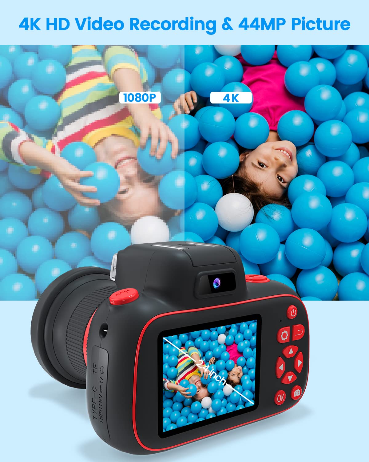 4K Kids Digital Camera with Rotatable Zoom Lens & Auto Focus - Best Christmas Birthday Gift for Boys Girls Ages 8-12 - Includes 64GB SD Card - Perfect for Travel, Parties & Creative Photography Learning