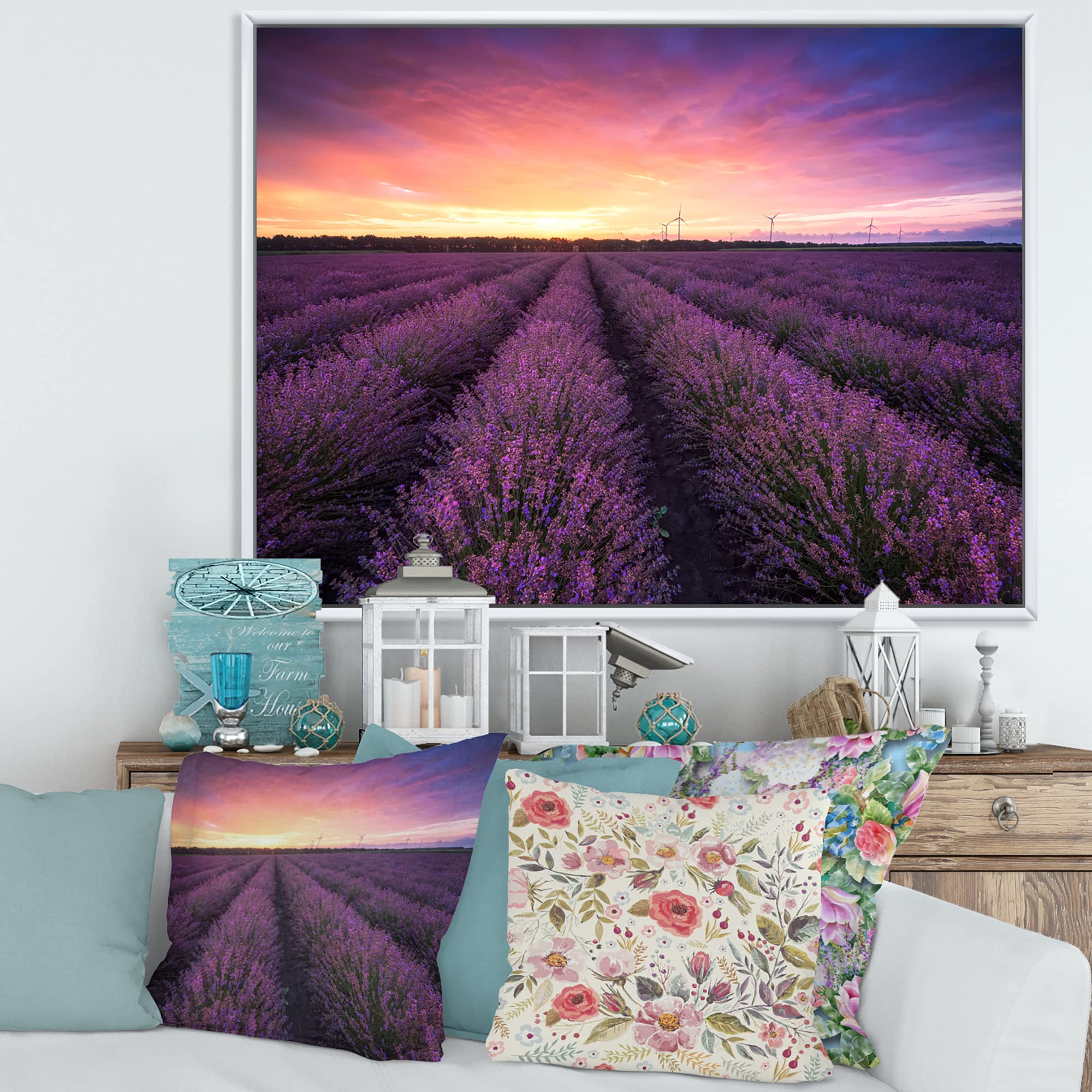 Sunrise & Dramatic Clouds Over Lavender Field XIII - Farmhouse Framed Canvas Wall Art Print - Perfect for Living Room, Bedroom & Office Decor