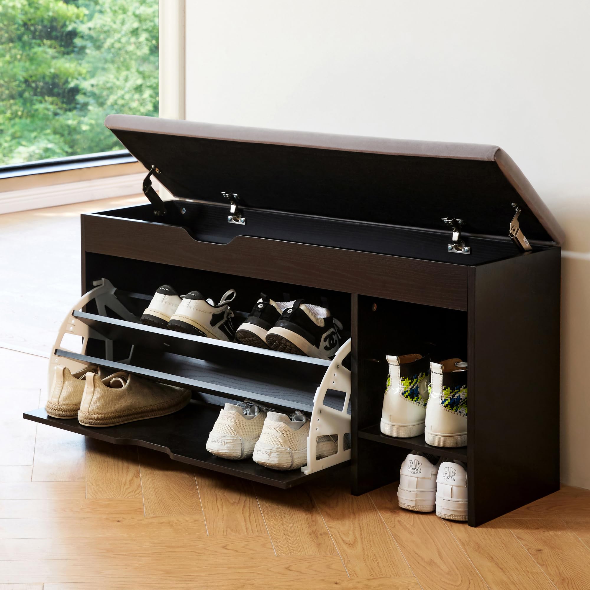 Netstar 3-Tier Shoe Storage Bench with Cushion & Flip Drawer - Lift Top Entryway Organizer for Shoes, Hats & Accessories - Perfect for Hallway, Living Room & Small Space Organization (Black)