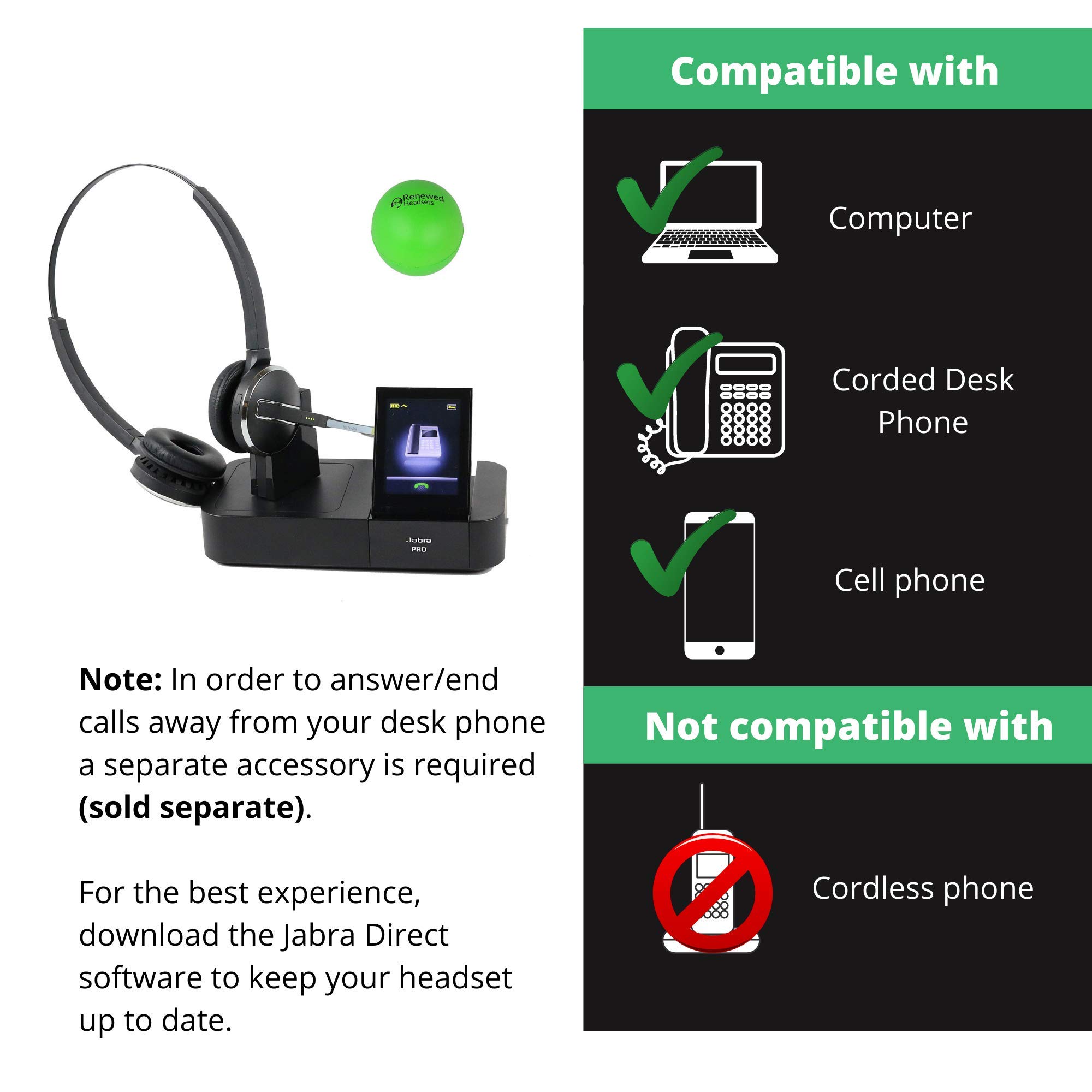 Jabra Pro 9465 Wireless Office Headset System - Dual Speaker Noise Cancelling Headphones with USB Dongle & Stress Ball (Renewed) - Perfect for Call Centers, Remote Work & Business Communications