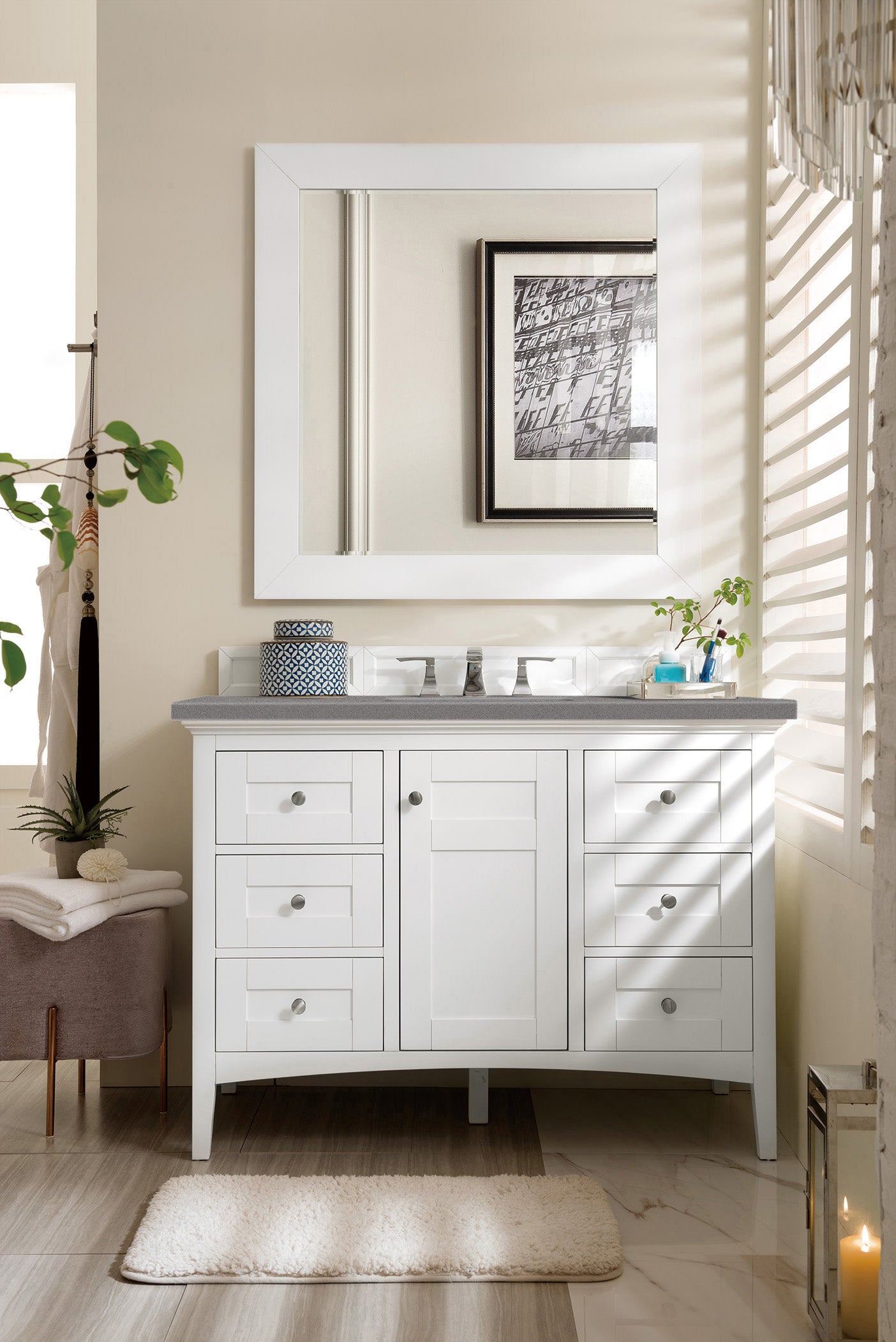 Palisades 48 Inch Single Bathroom Vanity Set with 3CM Gray Expo Quartz Countertop in Bright White - Perfect for Modern Master Bathrooms and Guest Bath Remodels