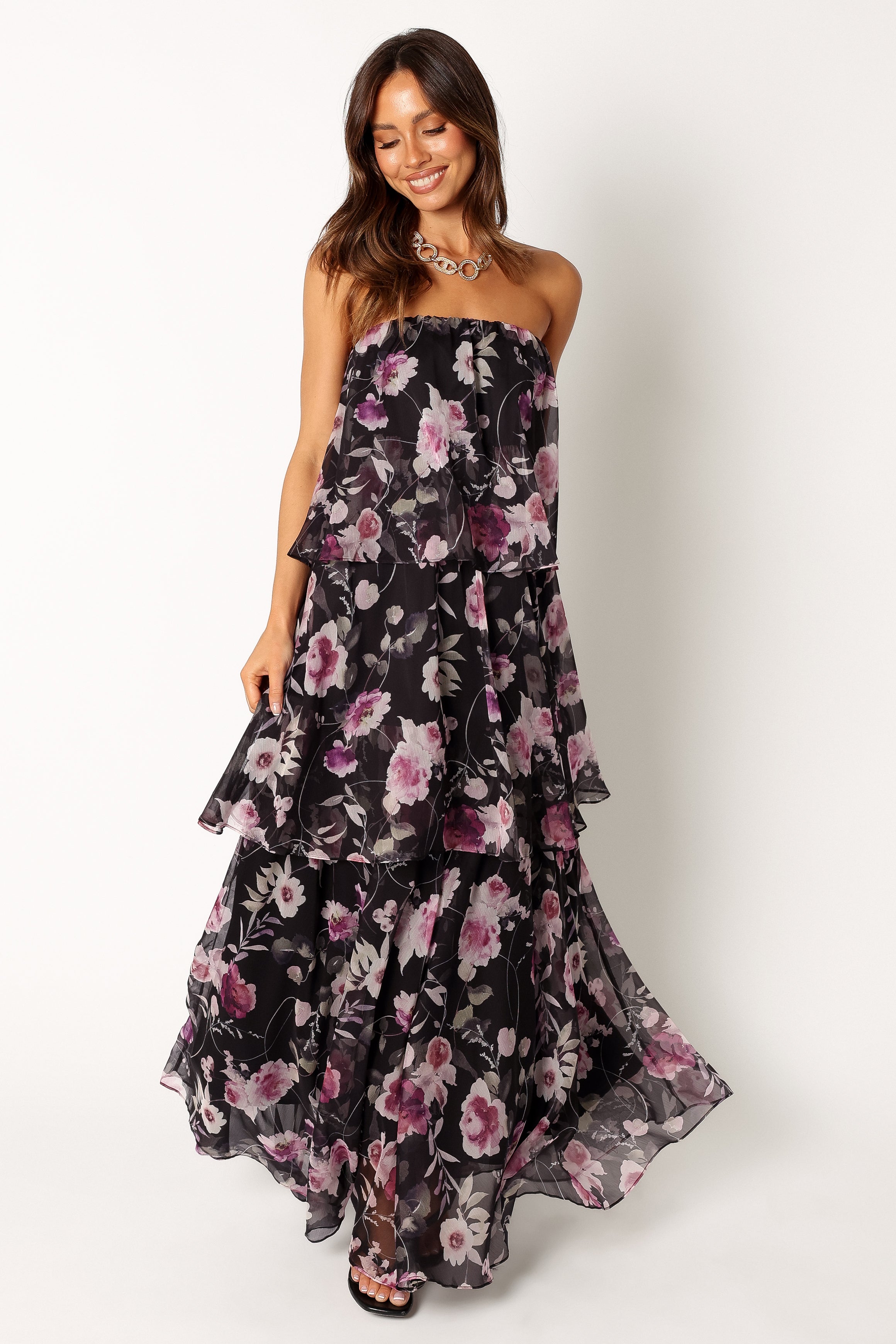 Strapless Maxi Dress with Black Floral Print - Elegant Summer Beach Wedding Party Dress for Women