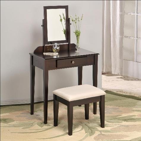 Espresso Iris Vanity & Stool Makeup Table Set with Mirror - Elegant Dressing Table for Bedroom, Perfect for Makeup and Hair Styling