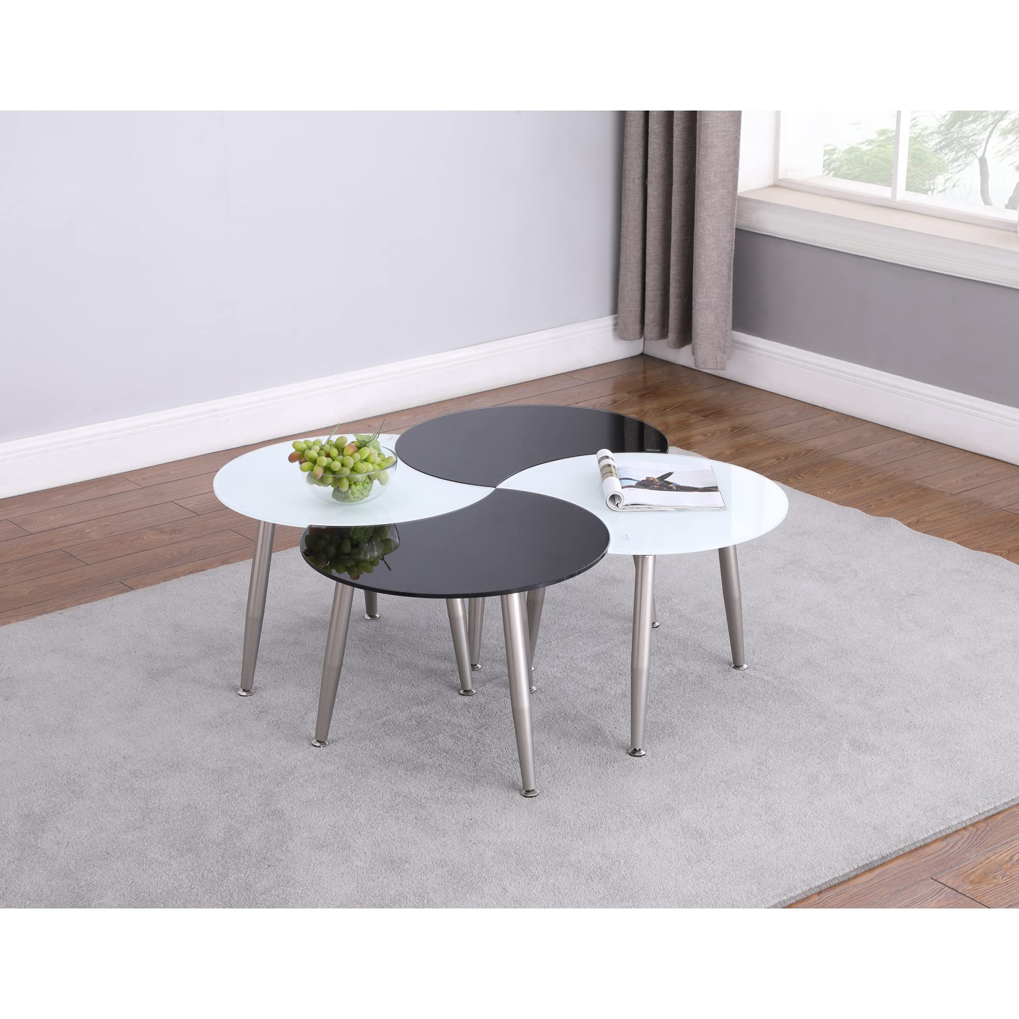 Modern Brushed Nickel & Super White Glass Cocktail Table - Round Shaped Coffee Table for Living Room, Lounge & Office Decor