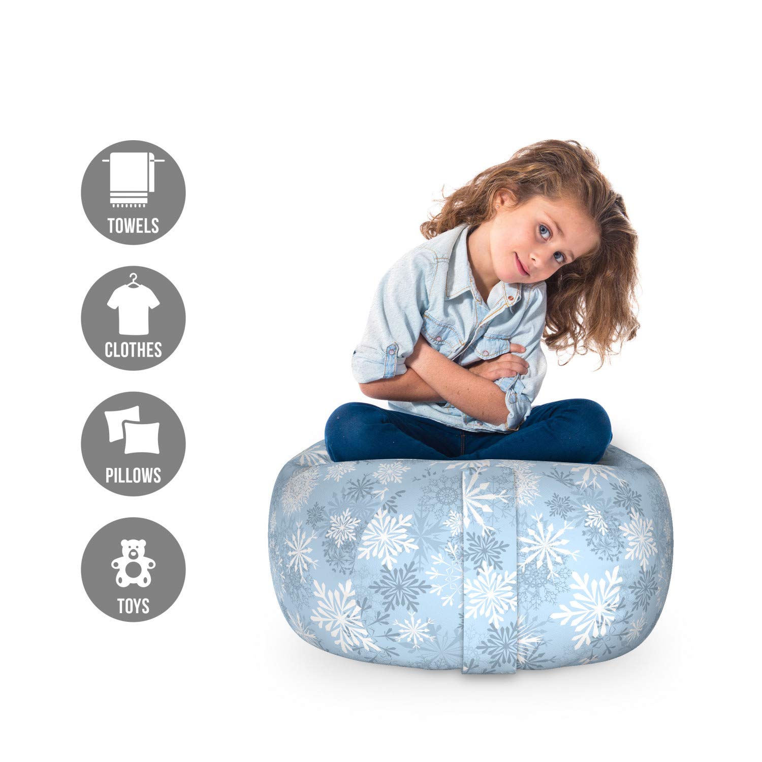Lunarable Snowflake Storage Toy Bag Chair - Christmas Themed Snowflake Pattern, Washable Stuffed Animal Organizer, Small Size Slate Blue - Perfect for Kids' Room, Playroom & Holiday Decor